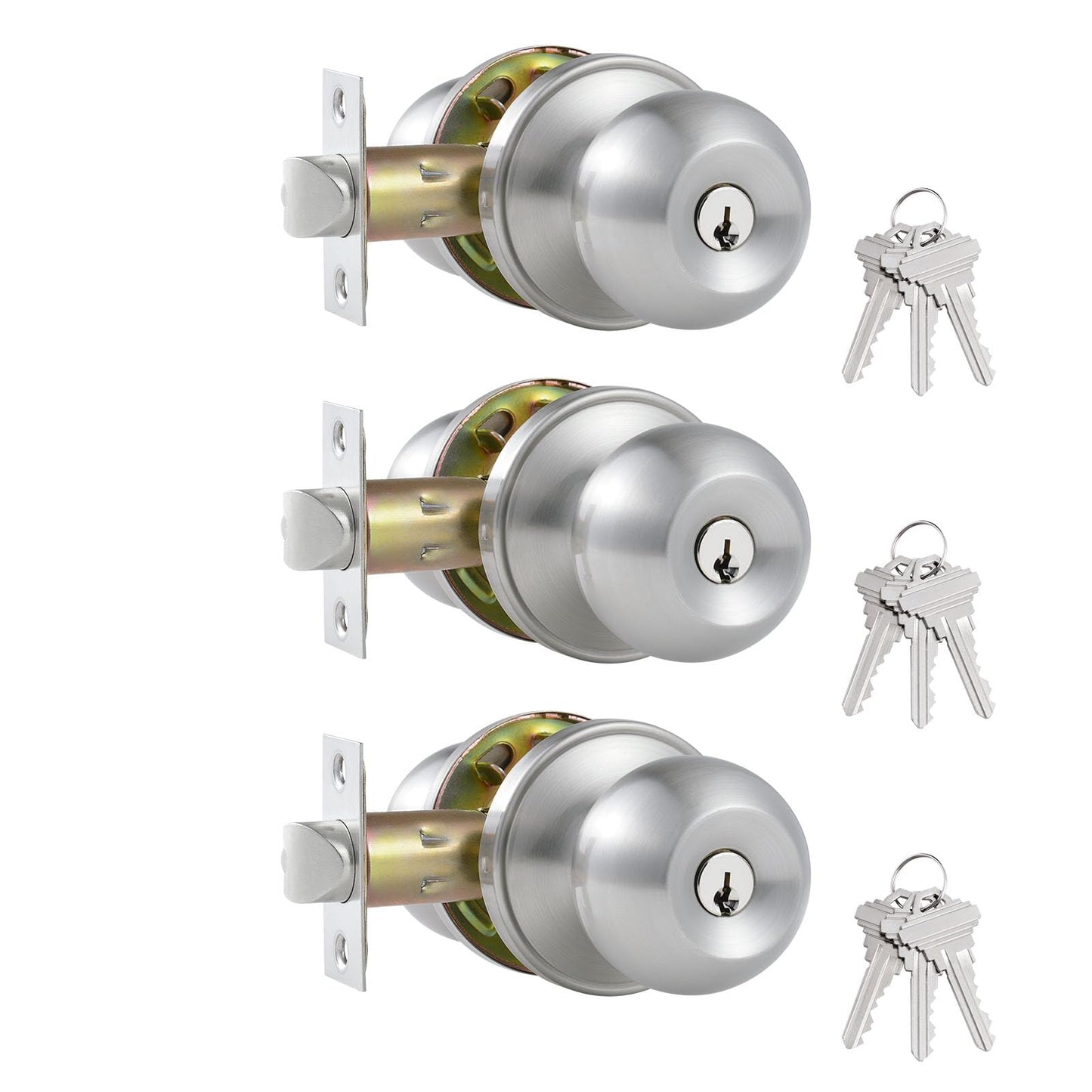 Comfhouse 3 Pack Stainless Steel Round Ball Entry Door Knob, Keyed-Alike Entrance Interior/Exterior Door Knob with Lock for Bedroom Bathroom, Front Entry Door Knobs with Lock Same Key, Satin Nickel