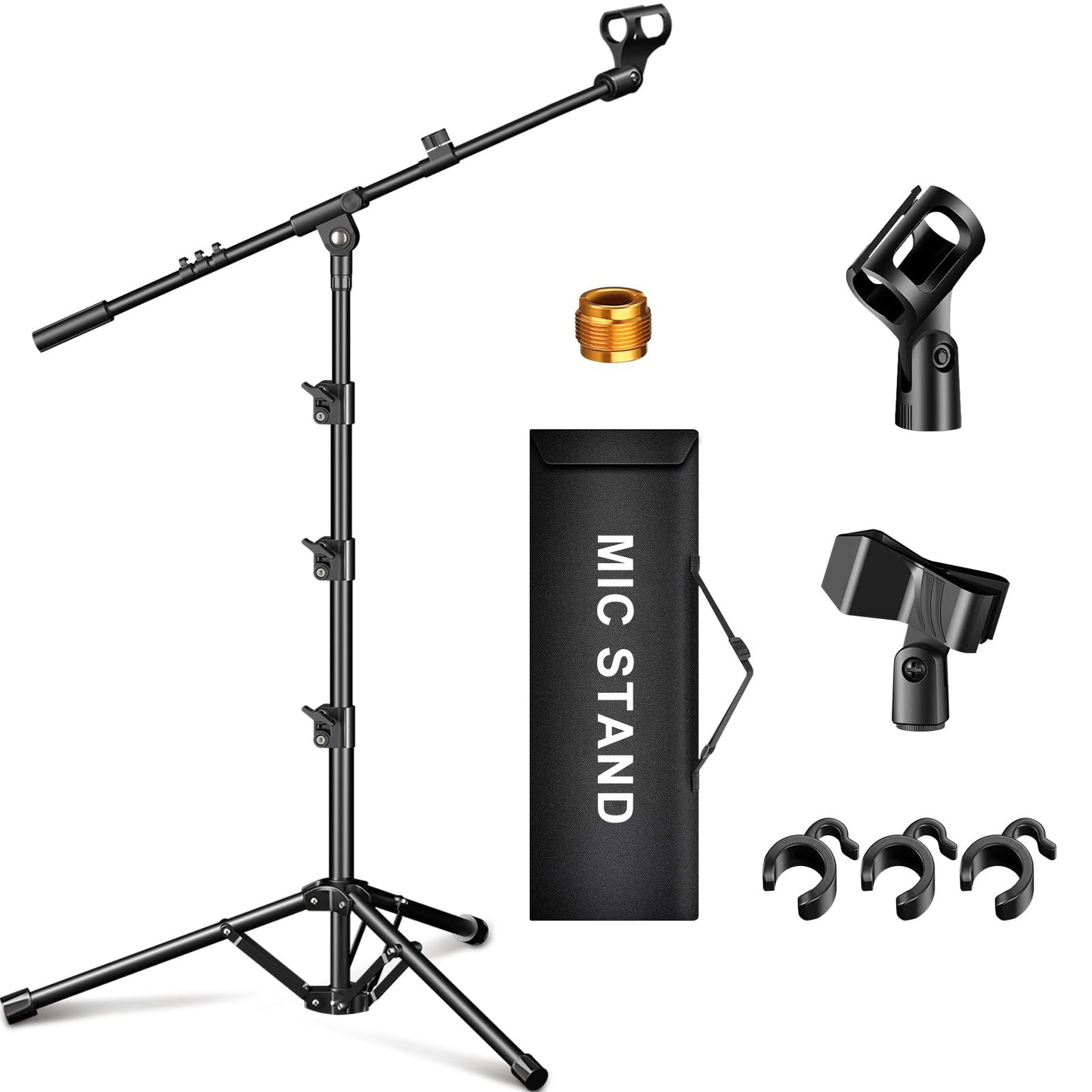Microphone Stand, Tripod Boom Arm Floor Mic Stand Height Adjustable Heavy Duty with Carrying Bag 2 Mic Clips 3/8" to 5/8" Adapter for Singing Podcast for Blue Yeti Shure SM58 SM48 Samson Q2U