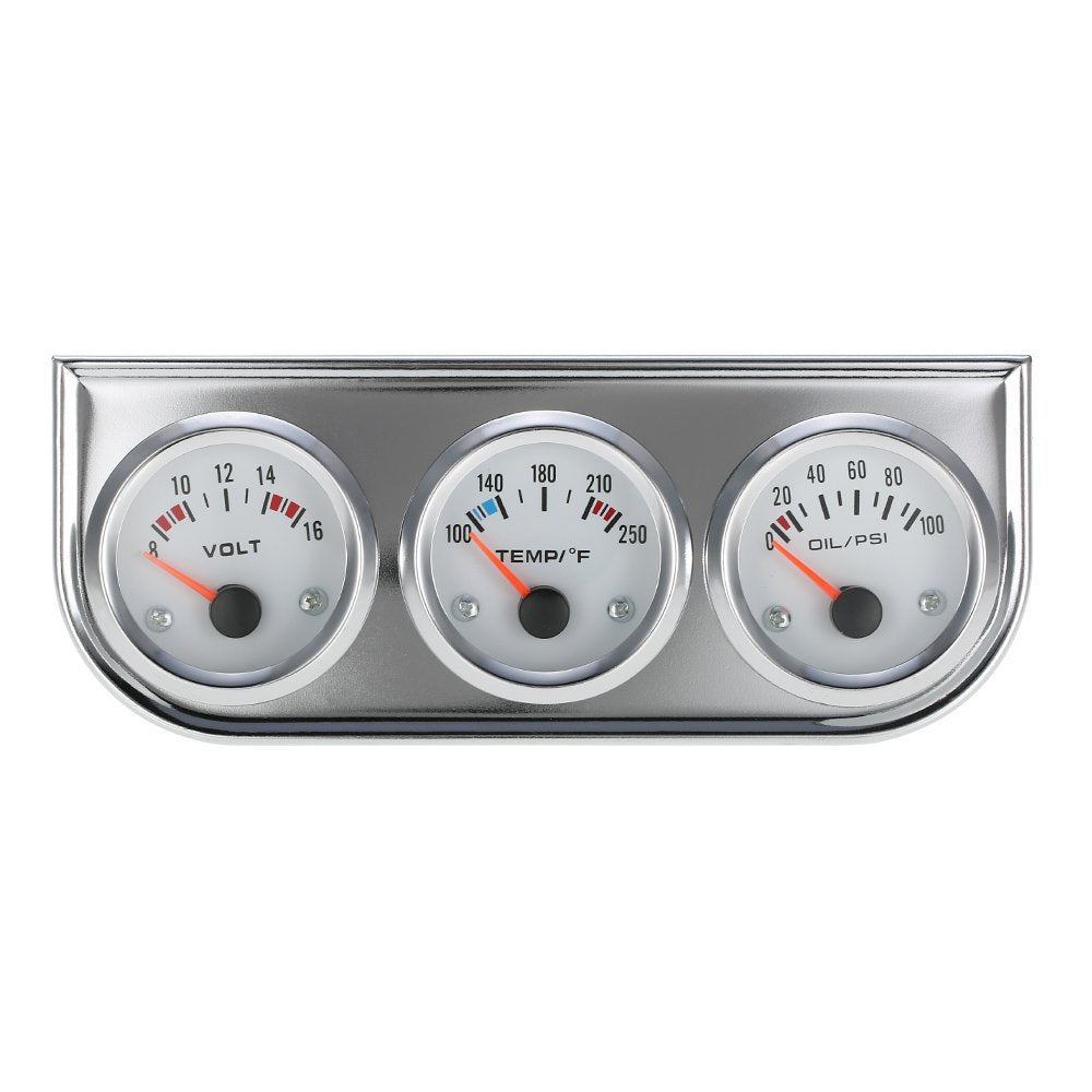 Shkalacar Triple Gauge Kit - Volt Meter, Water Temp, Oil Press Car & Motorcycle Meter, 52MM Chrome 3 in 1 Gauge Kit