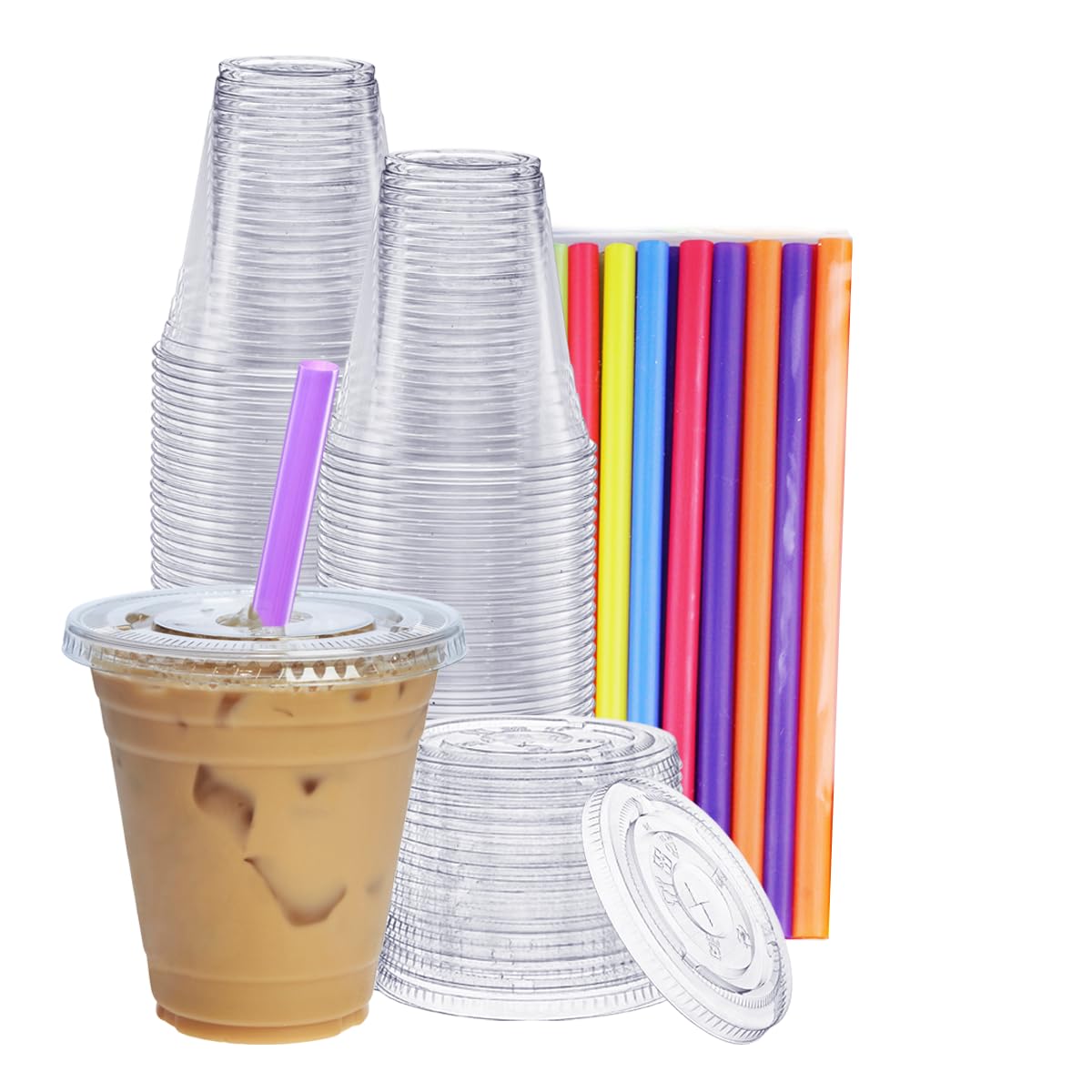 Gusto [12 oz. - 100 Count] Clear Cups with Flat Lids & Straws - Disposable Clear Drinking Cups for Iced Coffee, Cold Drinks, Milkshakes, and Smoothies - Formerly Comfy Package