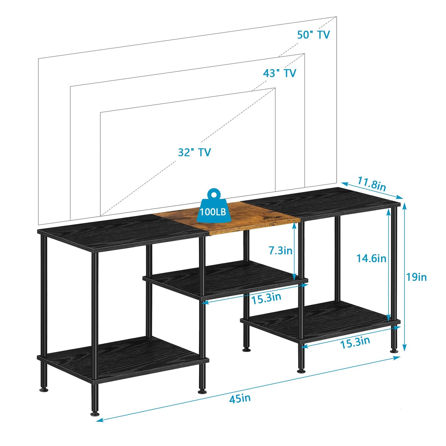 BTY 50 inch TV Stand 3 Tier Entertainment Center with Storage Shelves Small Tall Television Console Table with Metal Frame, Industrial TV Cabinet for Living Room Bedroom, Black