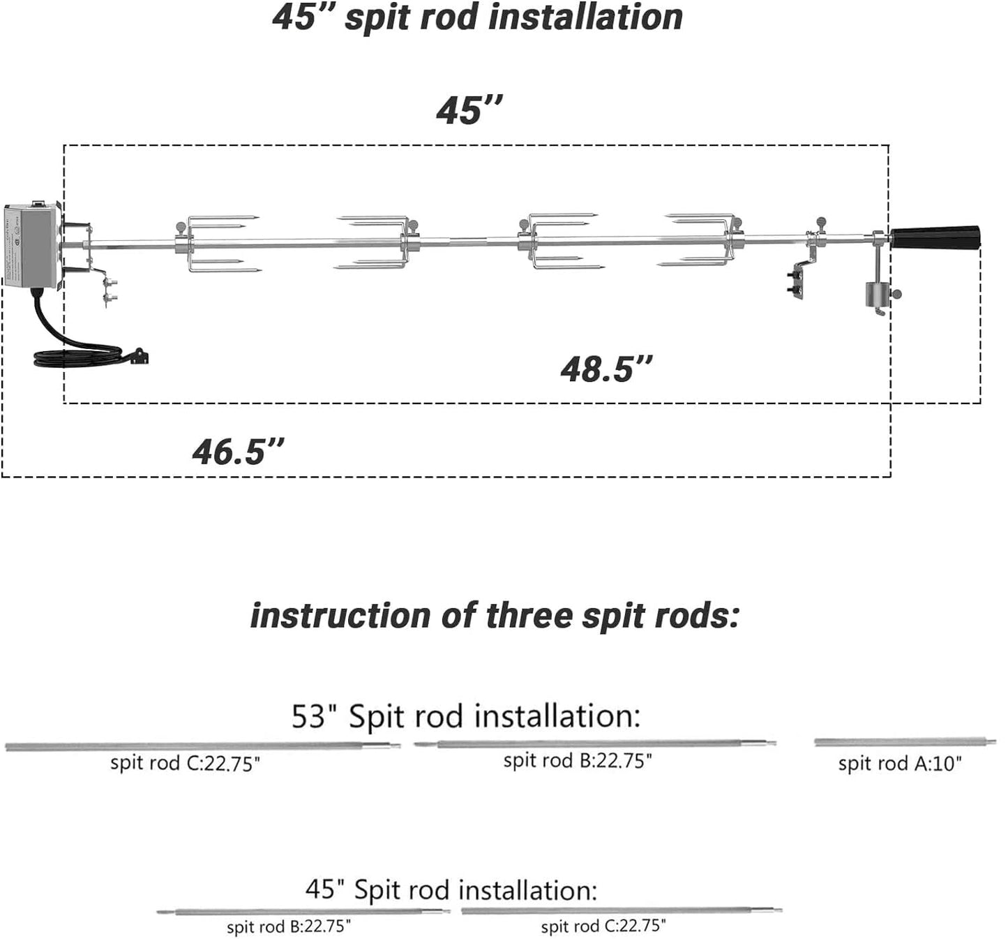 Onlyfire Universal Grill Replacement Rotisserie Kit - 45'' & 53'' X 1/2'' Hexagon Spit Rod, 50 lb Stainless Steel Electric Motor