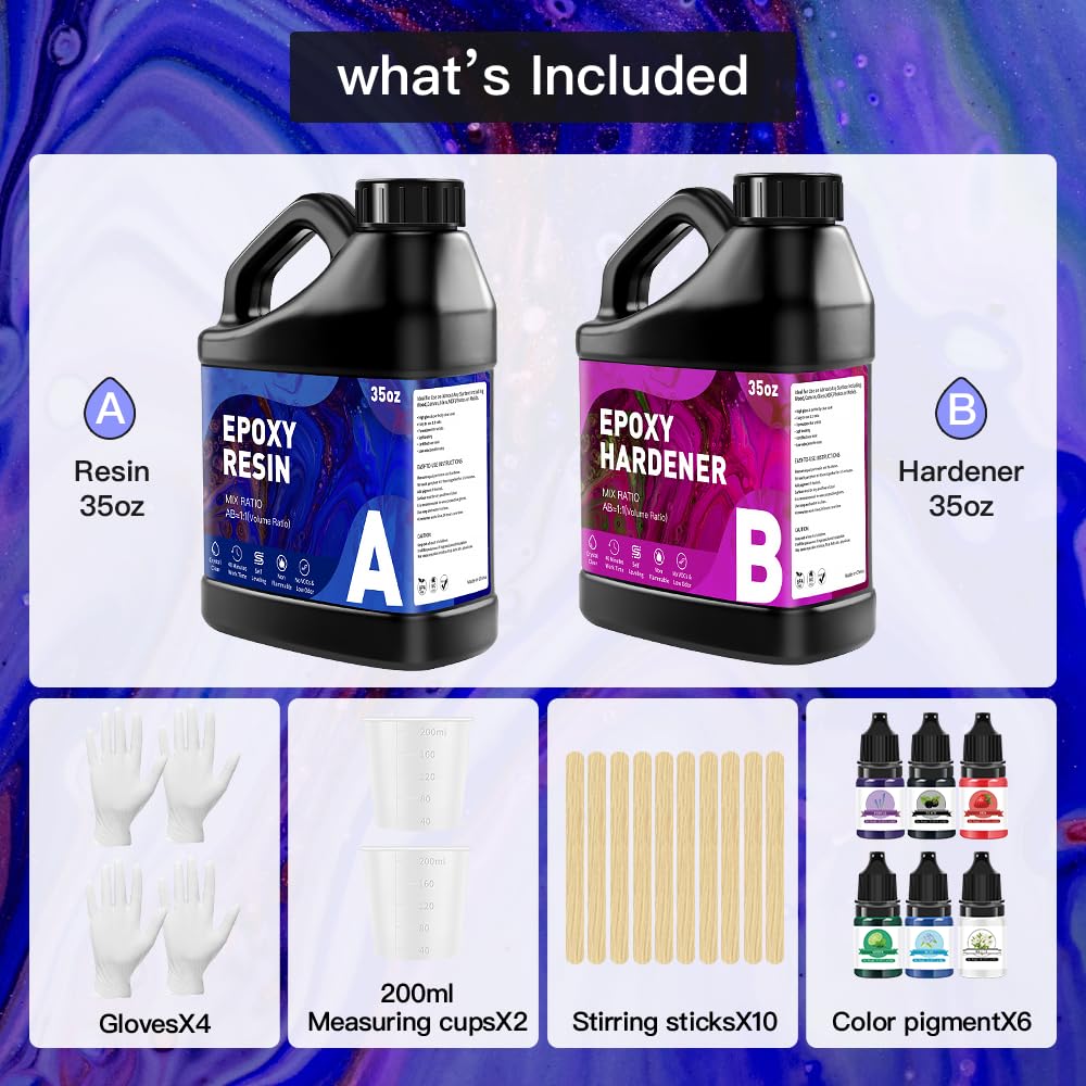 GRLELOU Epoxy Resin Kit 70OZ/2L - No Yellowing & Less Bubble 2 Part Epoxy Resin for Beginners, 1:1 Ratio Art Resin for Wood Casting, Jewelry Making, Art Crafting & Countertop Coating (35OZ/1L × 2)