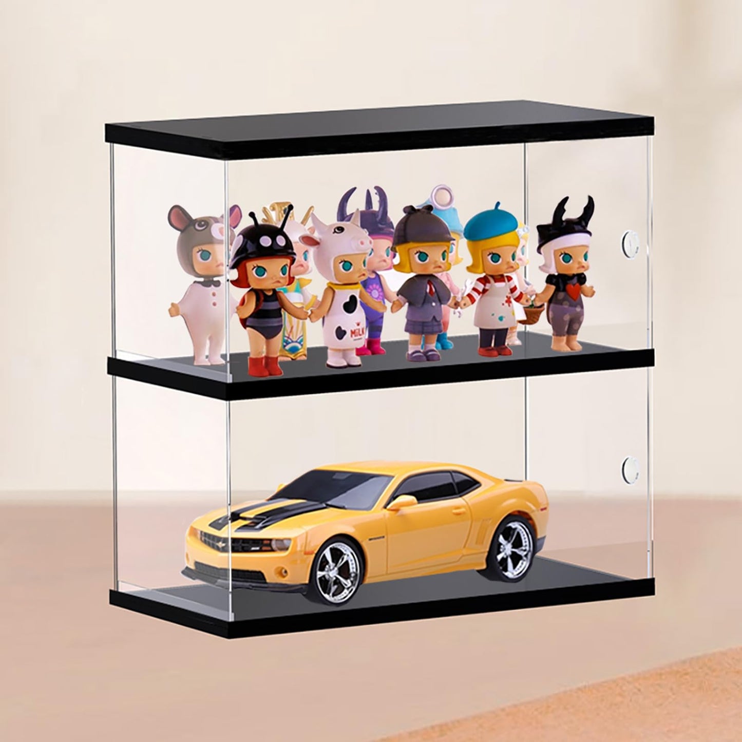 Clear Acrylic Display Case for Mini Funko Pop Figures with Light, 2 Layer Storage Cabinet Shelf Showcase for Toys Mini Figures Collectibles Rock Stone Crystals, Wooden Black Finish 26x12x29cm
