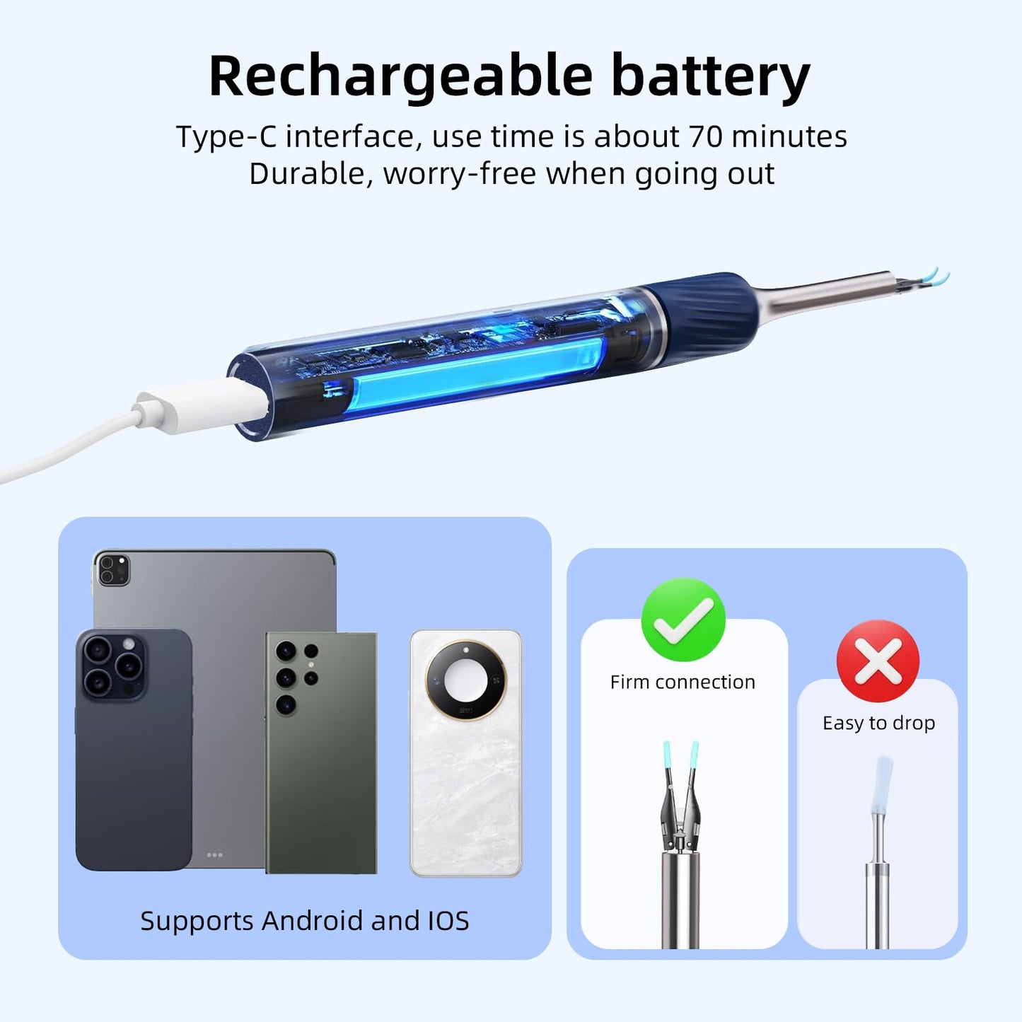 Qimic Ear Cleaner Camera with Tweezers - 1080P Ear Wax Removal with Light and Camera, IP67 Ear Camera, Ear Cleaner with Flexible Tweezers, Ear Camera Otoscope for iPhone, Android(Blue)