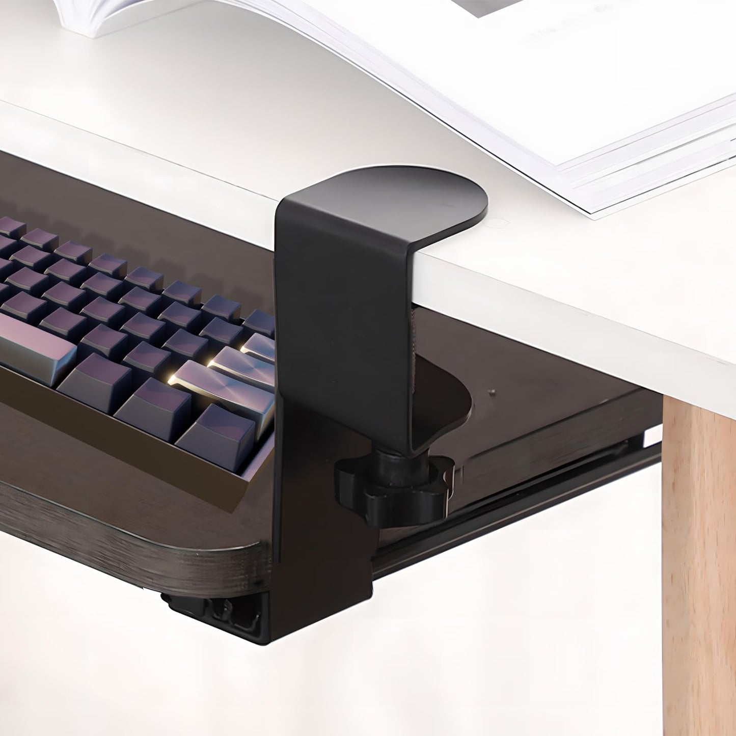 Realand Sliding Keyboard Tray Under Desk Slide, 45°Swivel Keyboard Tray Keyboard Holder for Desk Pull Out Keyboard Drawer Under Desk Keyboard Tray Slide Out Clamp on Desk Shelf (Black)