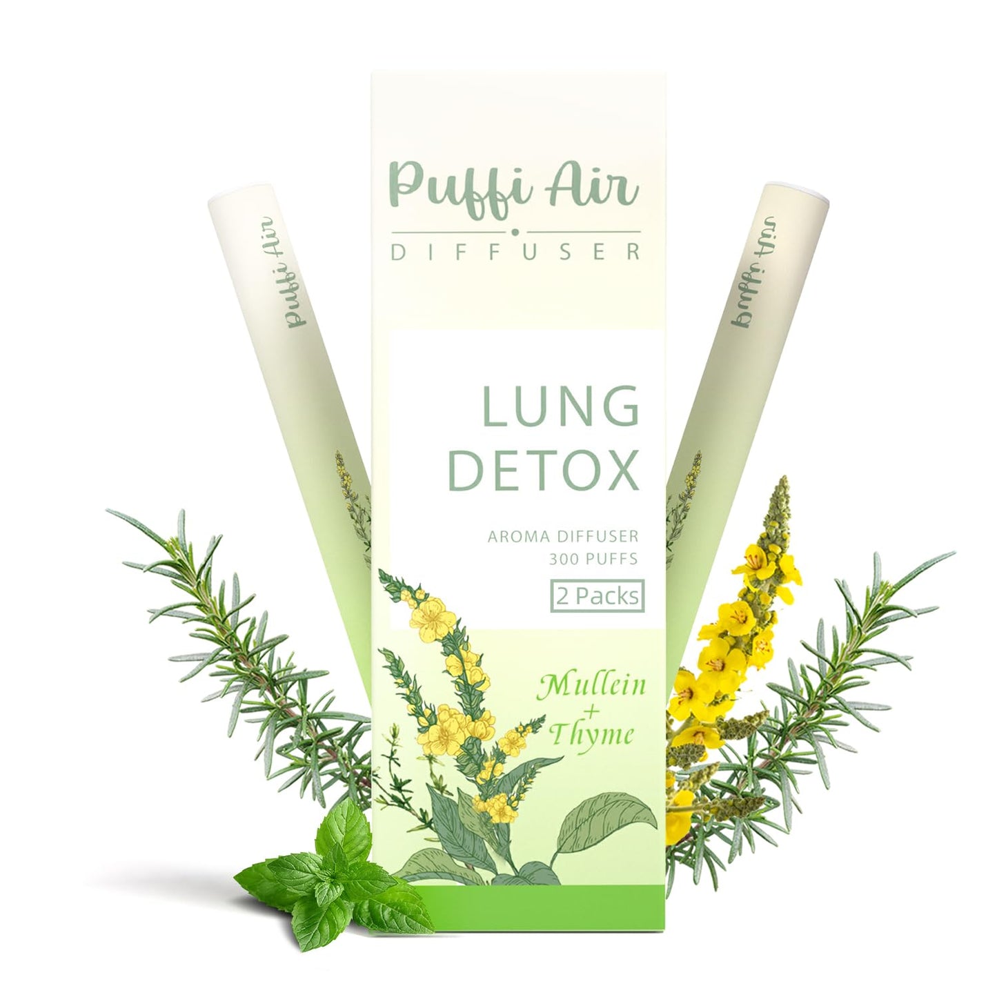 Herbal Diffuser Pen with Extracts of Mullein, Thyme and Mint for Lung Cleansing, Breathing Improvement, Oral Air Freshening and Quitting Bad Habit - 300 Uses (2-Pack)