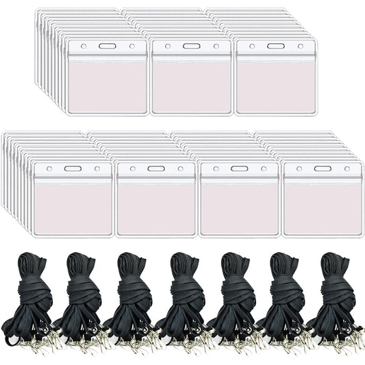 140pcs Tag Protector Holder Kit Include 70pcs Clear Plastic Horizontal Name Tags Badge Id Card Holders and 70pcs Breakaway Black Flat Neck Lanyards with Swivel Hook for Teacher Lanyard Key Bus Pass