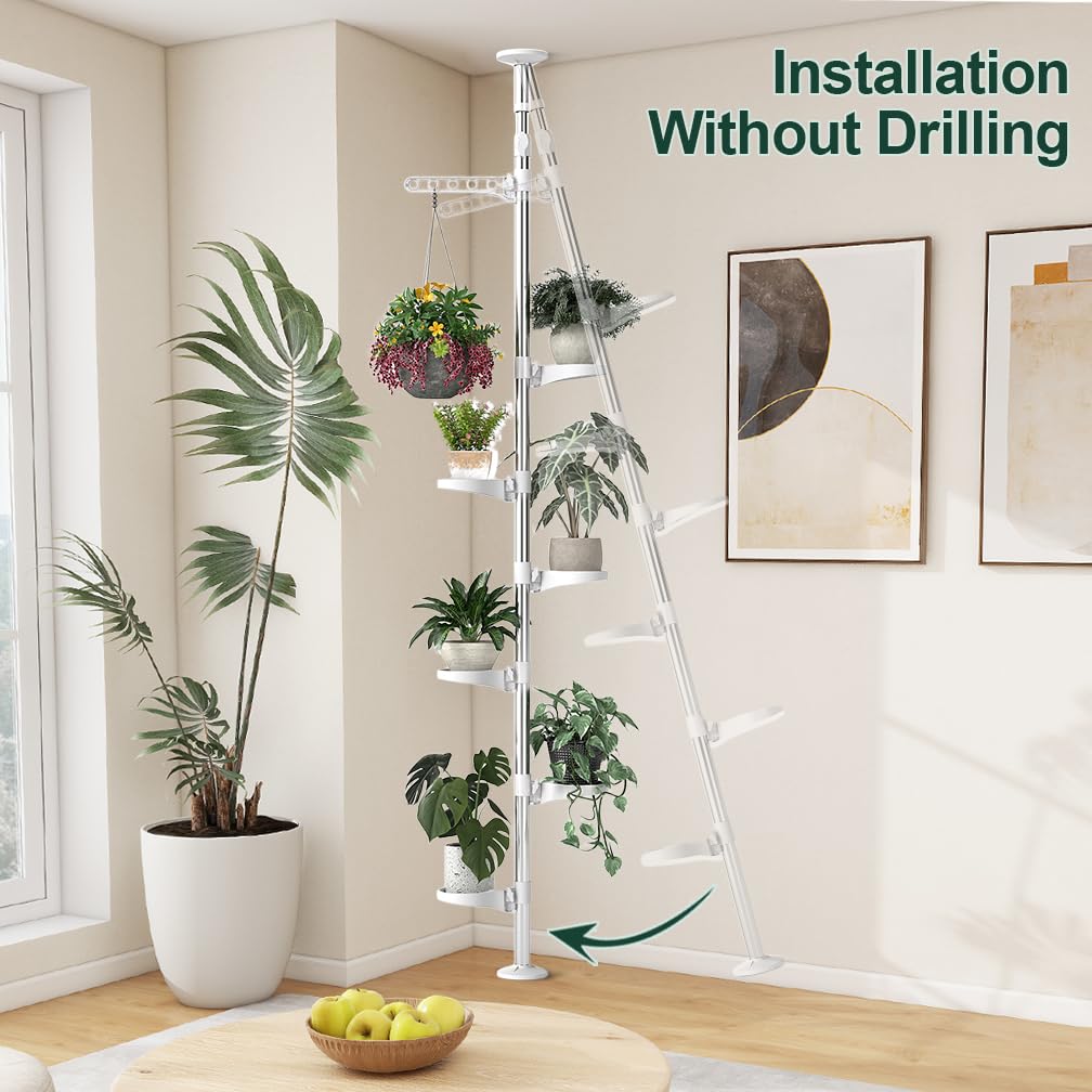 Hershii 7-Layer Tension Pole Plant Stand Indoor Decorative Metal Flower Pot Holder Display Rack Floor to Ceiling Adjustable Hanging Corner Shelf Space Saver - Ivory