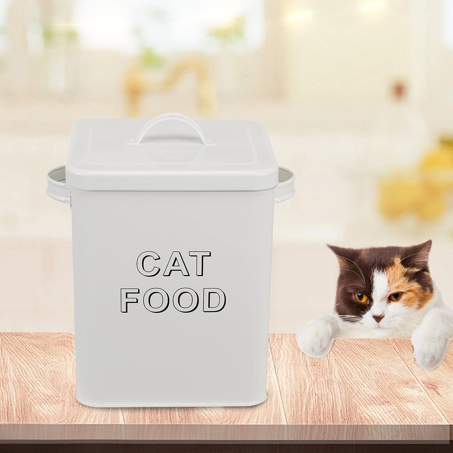 Pethiy Cat Food and Treats Containers Set with Scoop for Cats or Dogs -Tight Fitting Wood Lids - Coated Carbon Steel - Storage Canister Tins-Cat-White