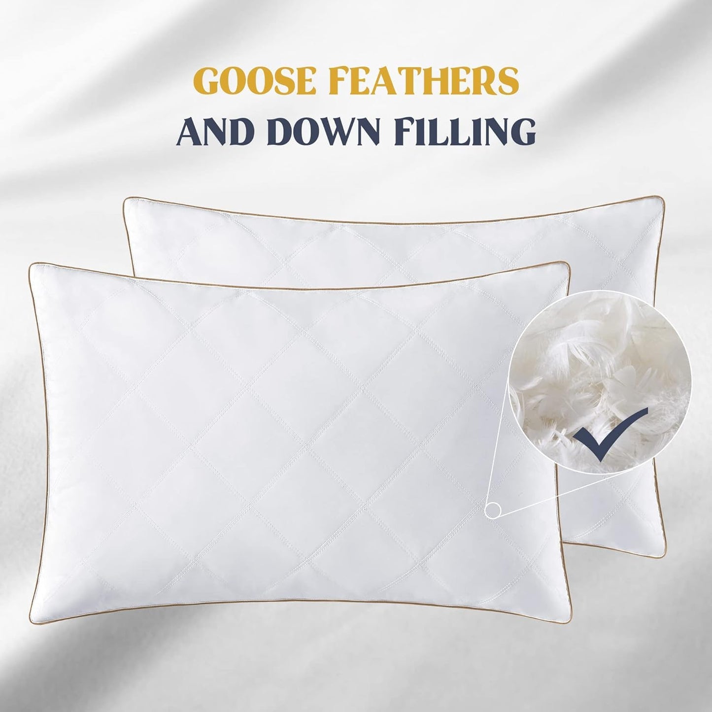Puredown® Goose Feathers and Down Pillow with Diamond Quilting Breathable Downproof Cover, Pack of 2, King Size