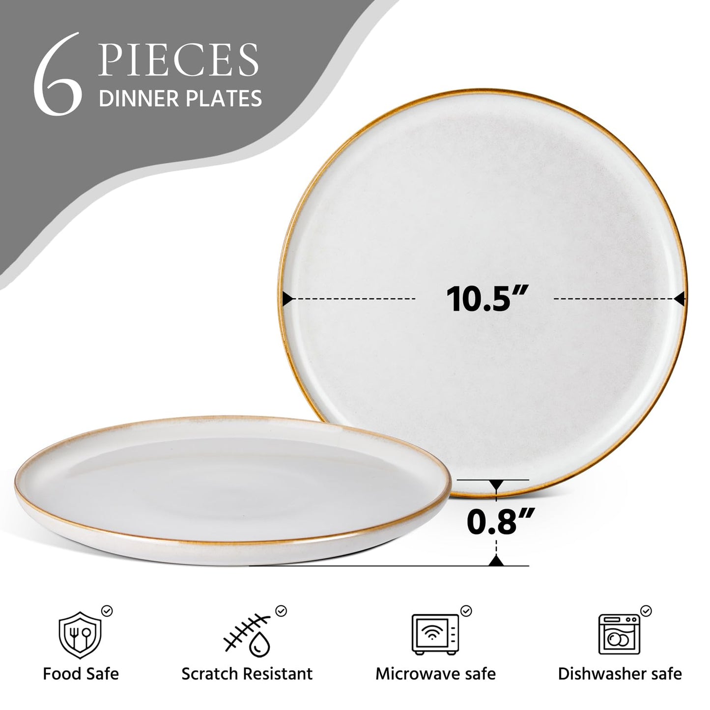 E-far 10.5” Ceramic Dinner Plates Set of 6, Large Reactive Glaze Stoneware Dishes, Round Salad Plate for Home Kitchen Restaurant, Microwave & Dishwasher Safe – Seashell White