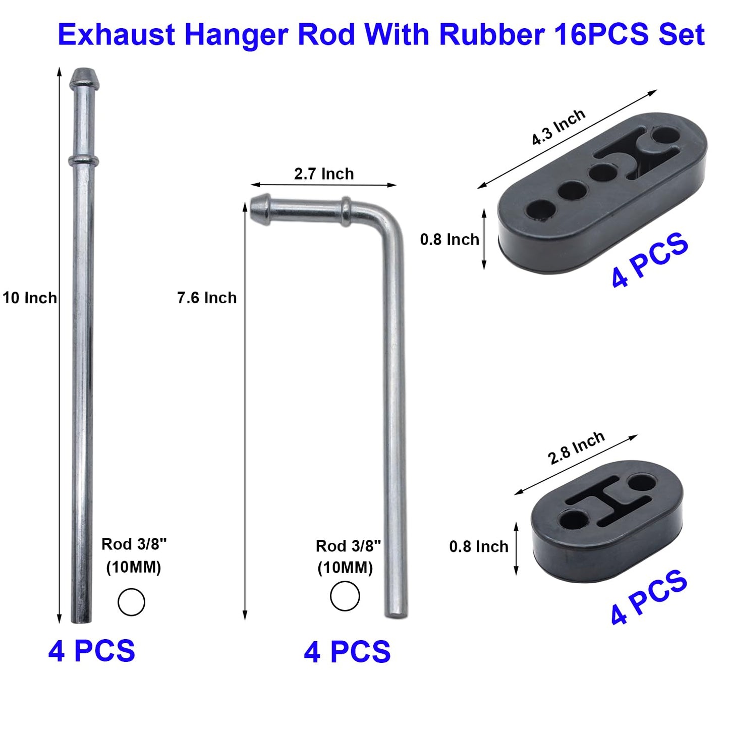 Ganluuree 16PCS Rubber Exhaust Hanger Rod Set Heavy Duty 3/8"(10MM) Rod 90°7.6" Long + Straight 10" Long Muffler Hanger Mild Steel Zinc Coated 2 Hole 4 Hole Insulator Mount Car Automotive Replacement