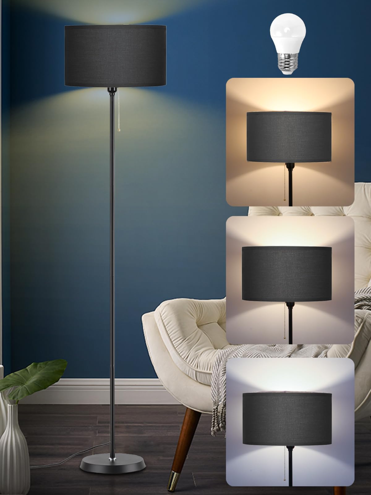 Dimmable Floor Reading Lamps for Living Room Farmhouse Corner Arc Standing LED Modern Floor Lamps, LED Bulb Includes (Black Linen Lampshape)