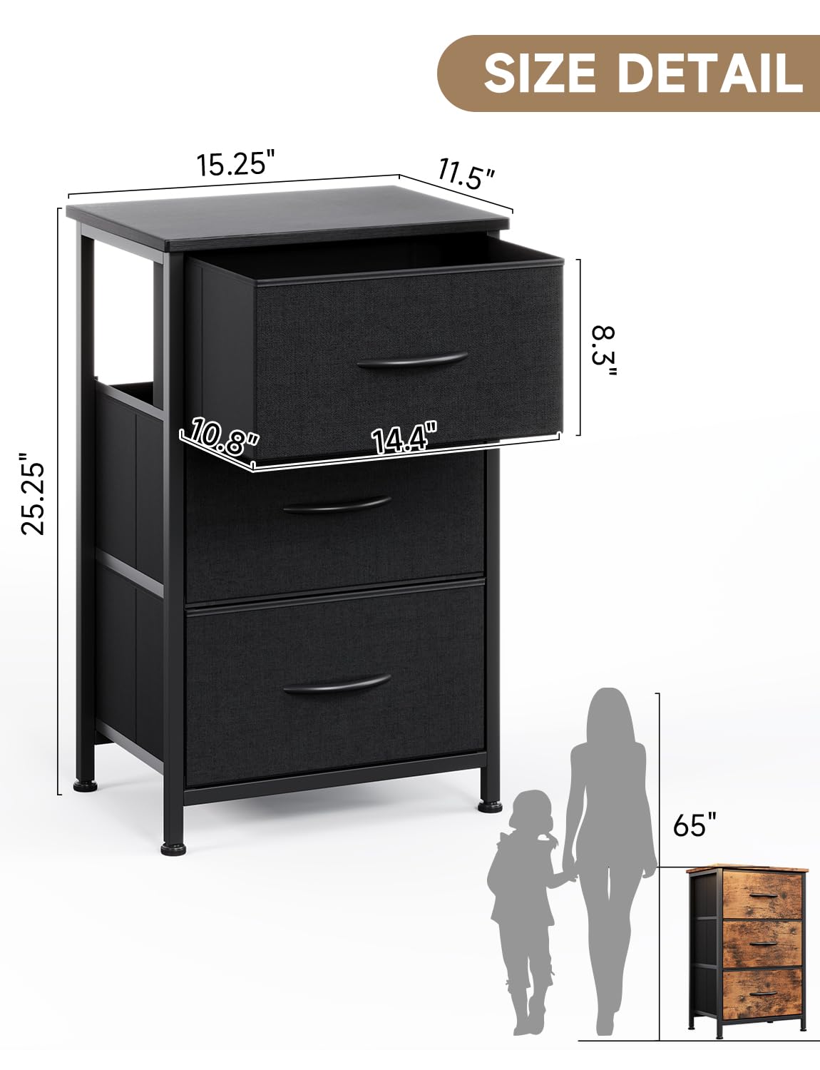 KitMent Night Stands, Beside Table End Table with 3 Fabric Drawers, Beside Furniture to Storage, 3 Bins for Bedroom, Kids Closet Dorm Guest Room, Black