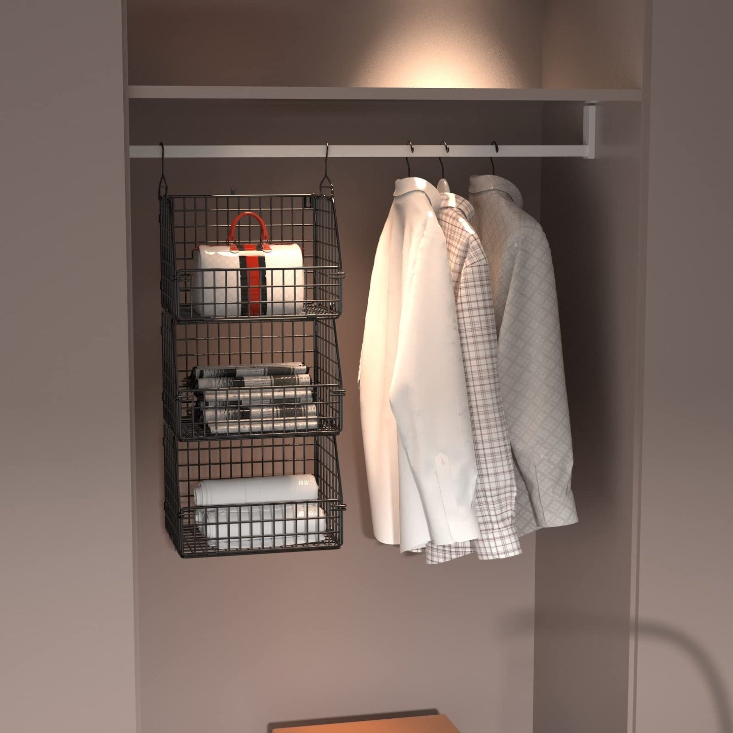 PUPPYCUTE Stackable Wire Baskets for Kitchen Closet Pantry Storage, Hanging Closet Organizers Storage Shelves Organization, Wall Mount Metal Basket Bins, Clothing Vegetable & Fruit Organizer 3 PCS