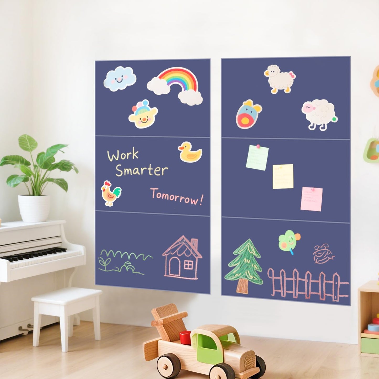 FANPROMS Magnetic Chalkboard Wall Decal Set of 6 Peel and Stick Magnet Sheets with Chalk Tangram Puzzle and Multiple Accessories Dusty Blue Magnetic Chalk Boardfor Home Playroom and Classroom