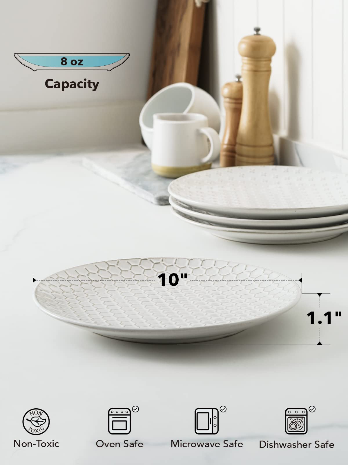 LE TAUCI Dinner Plates 10 Inch, Ceramic Dish Set for Kitchen, Embossed Serving Dish, Microwave Oven Dishwasher Safe, for Housewarming or Wedding - Set of 4, Arctic White