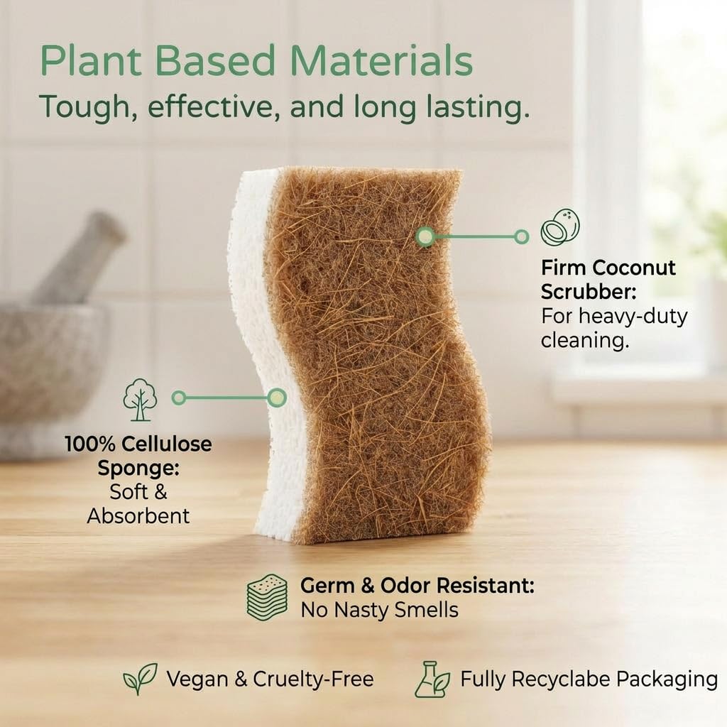 12 Pack Natural Kitchen Sponges, Compostable White Cellulose & Organic Coconut Scrubber Sponge for Washing Dishes, Kind Eco Friendly Non Toxic & Biodegradable Dishwashing Sponges