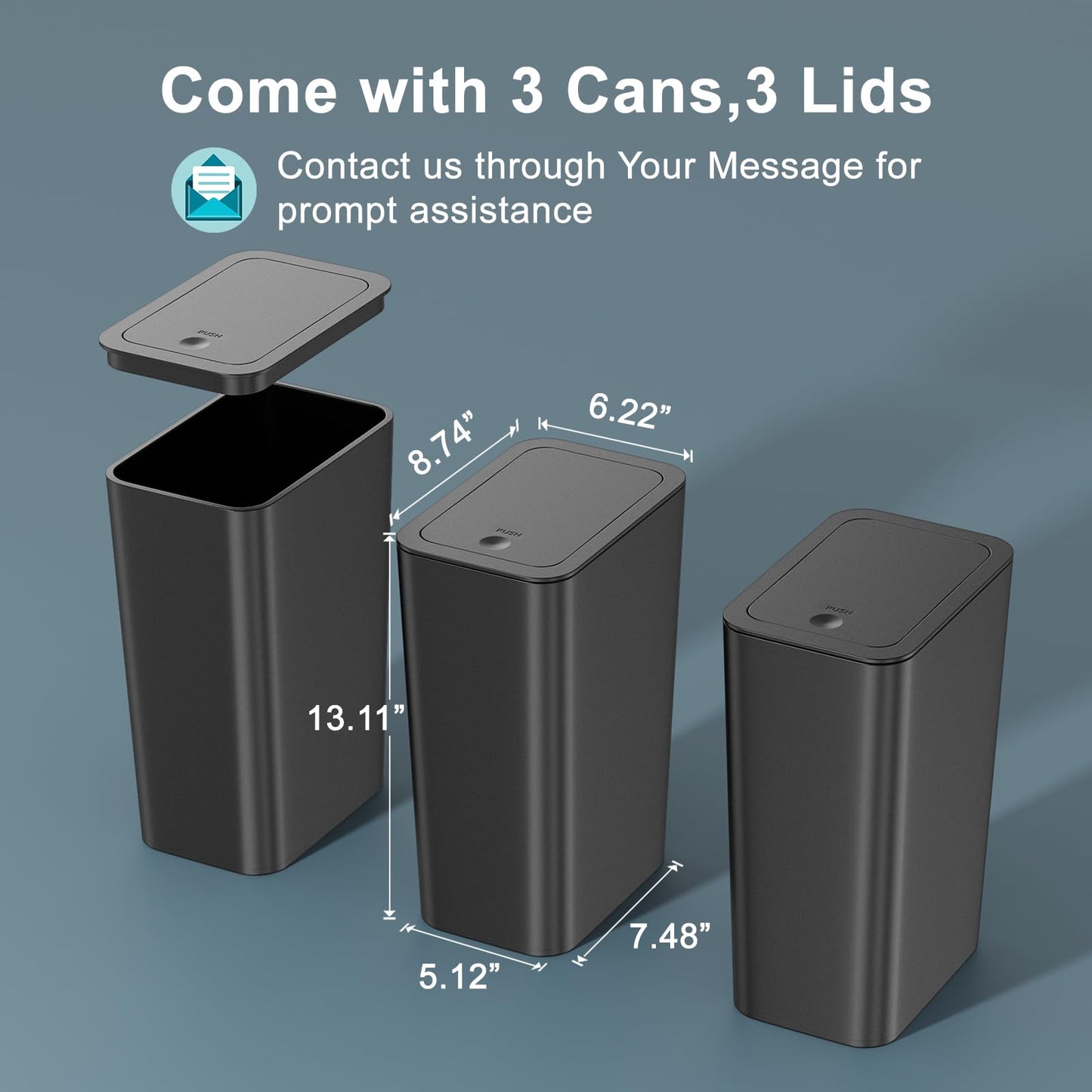 3 Pack 10 Liter Bathroom Trash Can with lid, 2.6 Gallon Kitchen Trash Can,Small Garbage Can Slim Compost Bin Waste Basket for Bathroom,Kitchen,Bedroom,Living Room,Office,Laundry - Black