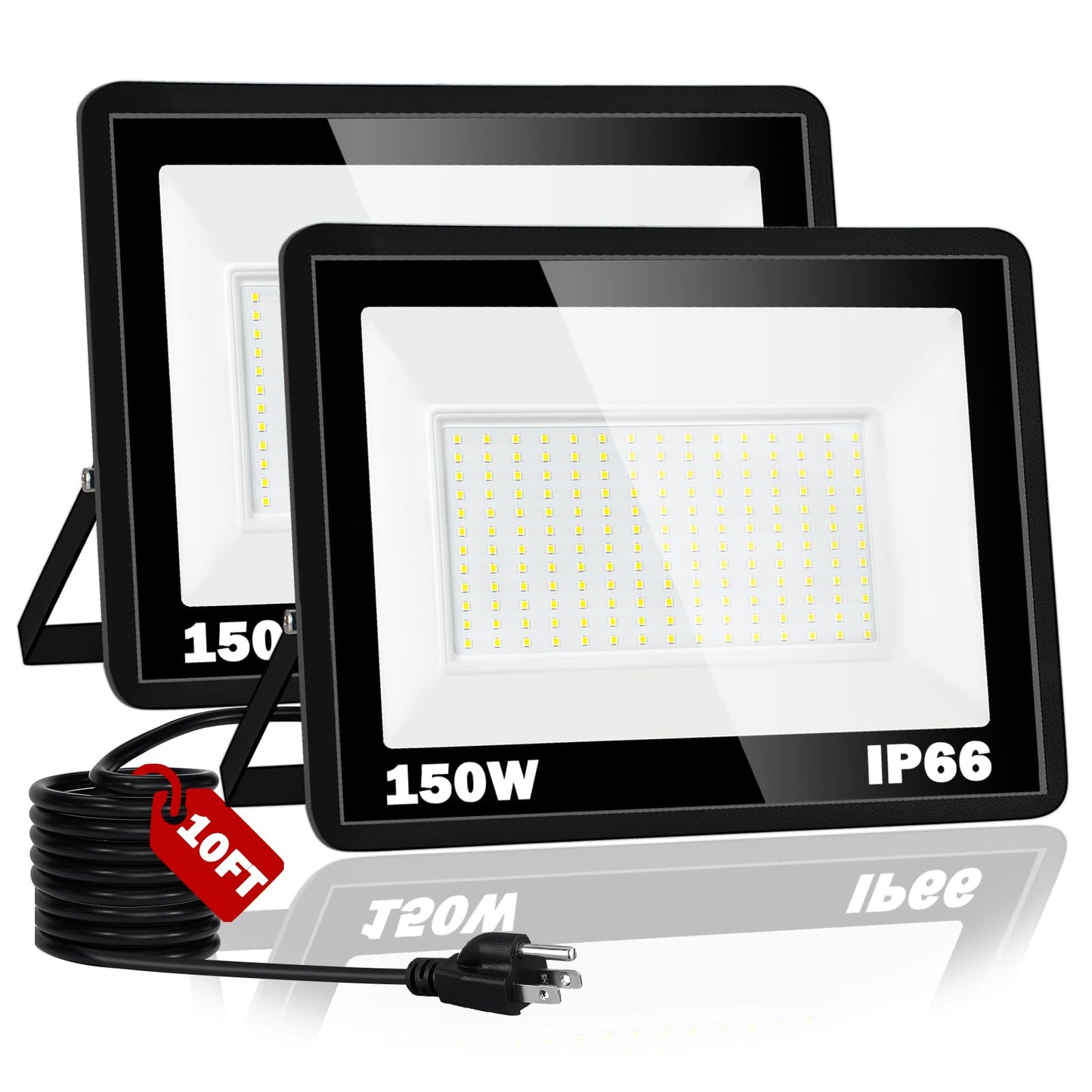 NEWREACH 150W LED Flood Light,18000LM Floodlight with Plug,IP66 Waterproof Outdoor Lights, 5000K Daylight White Security Lights,Outdoor Floodlights for Yard Stadium Garden（2 Pack）