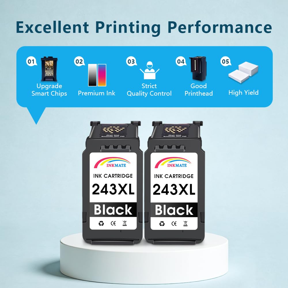 INKMATE PG-243 243XL Black Ink Cartridge 2 Pack Replacement for Canon Printer Ink 243 PG243 PG-243XL for Pixma ts3420 Ink TS3400 TR4522 MX490 MX492 MG2522 MG2922 TR4520 TS3122 Printers(2 Black)