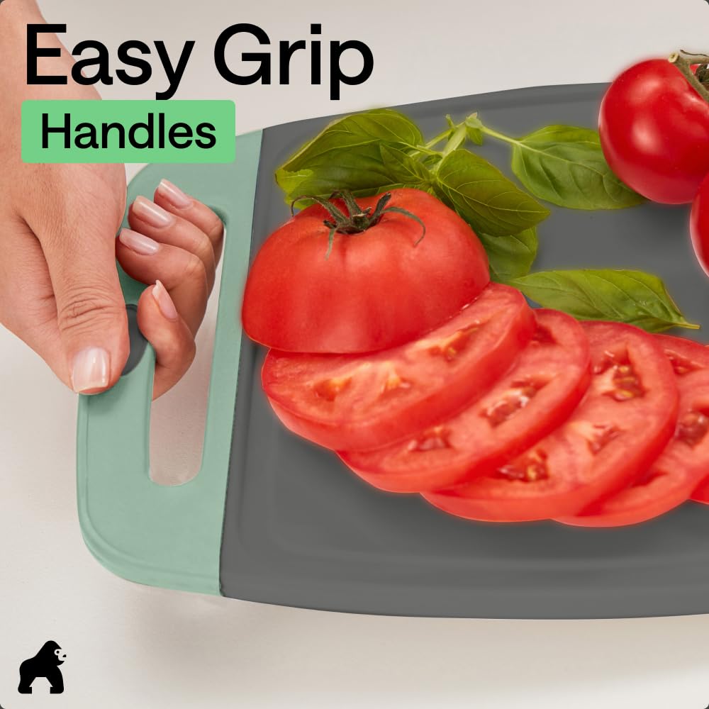 The Original GORILLA GRIP Oversized 100% BPA Free Reversible Durable Kitchen Cutting Board Set of 3, Juice Grooves, Dishwasher Safe, Easy Grip Handle Border, Food Chopping Boards, Cooking, Mint Gray