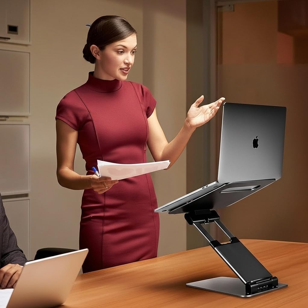 Ergonomic Laptop Stand for Desk – Adjustable Sit to Stand Computer Riser & Portable Foldable Notebook Holder Compatible with MacBook Air Pro, Dell, HP 10-17" – Aluminum, Height Up to 20" (Black)