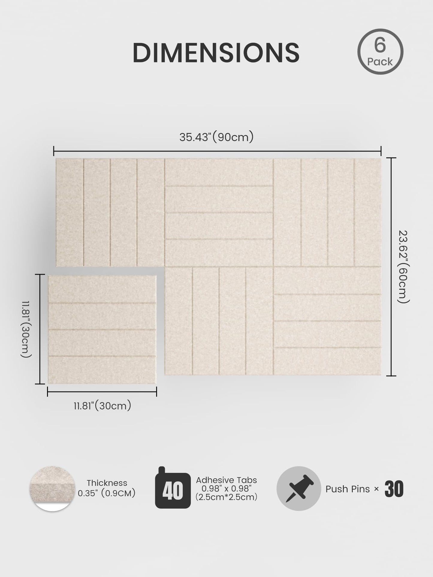 Bumusty Large Felt Bulletin Board, 36" x 24" Cork Board Alternative, 6-Pack Bold Stripe Felt Wall Tiles with 30 Push Pins and 40 Adhesive Tabs, Ideal for Office, Home & Classroom, Oatmeal