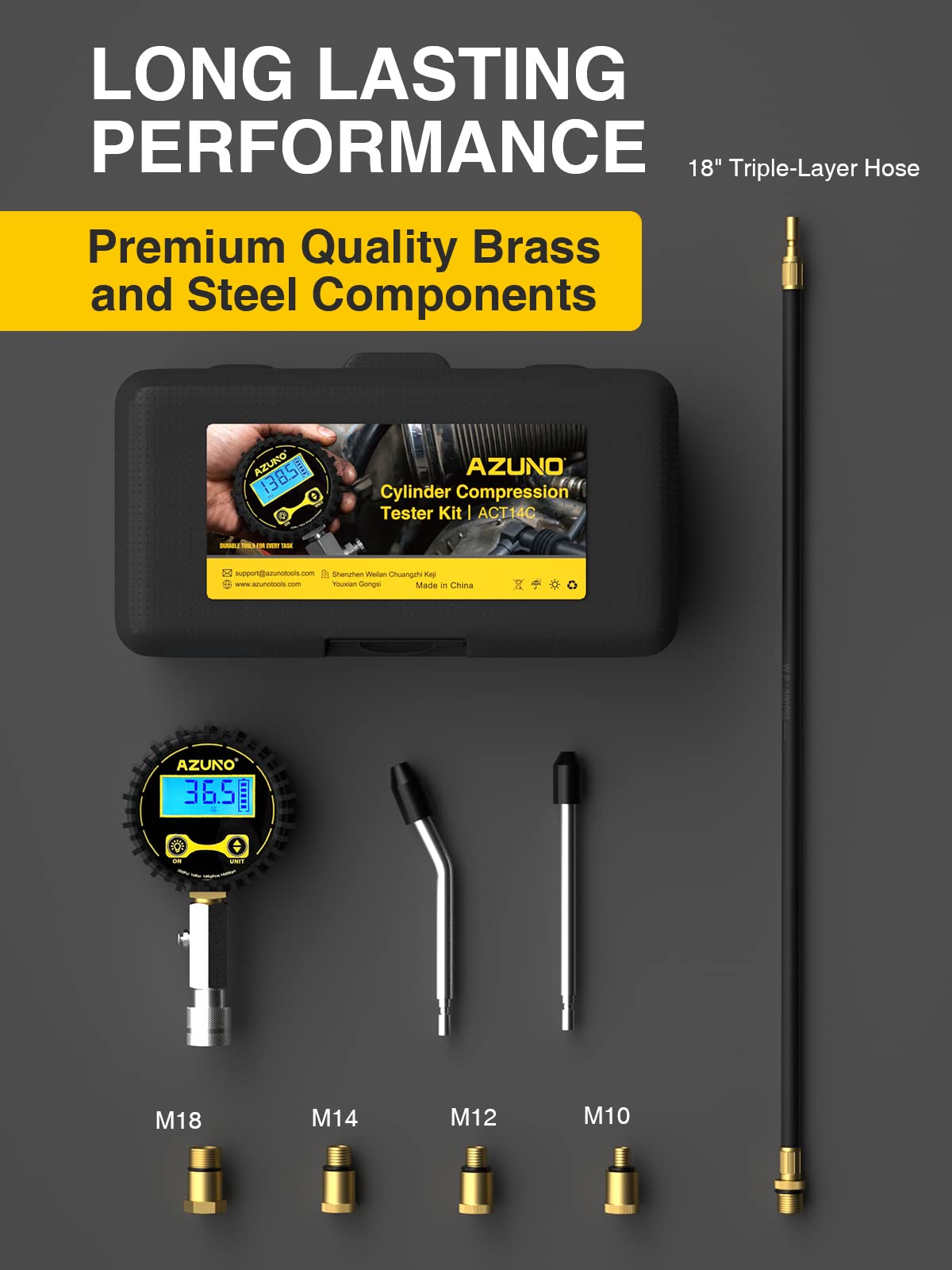 AZUNO Digital Compression Gauge 200 PSI for Petrol Engine Cylinder Compression Tester Kit with Adapter & Hose