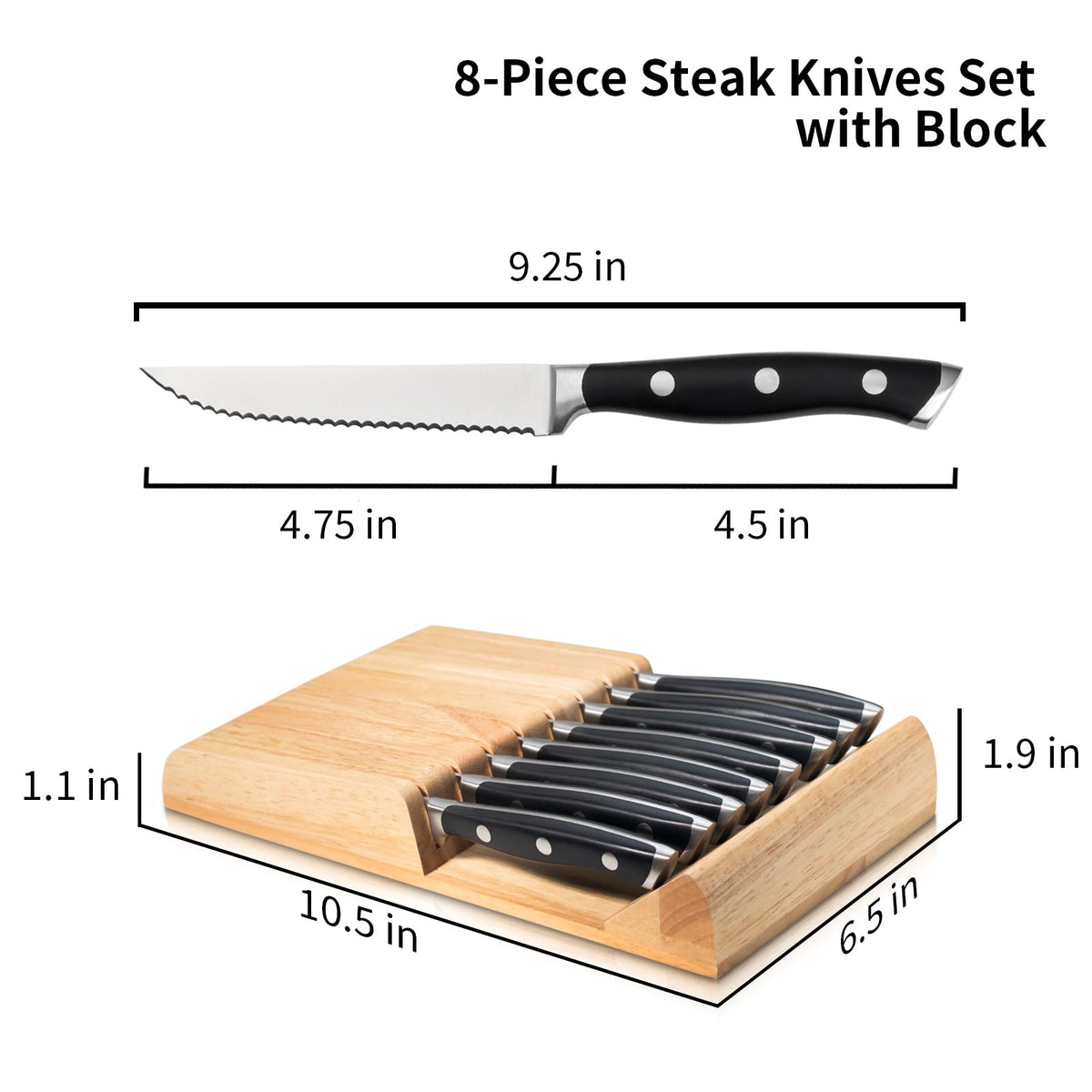 Alata 8-Piece Steak Knives Set with Block, 4.7 Inch with Serrated Edge Razor-Sharp Dinner Knives, Full-Tang Construction, Stainless Steel Steak Knife Set of 8