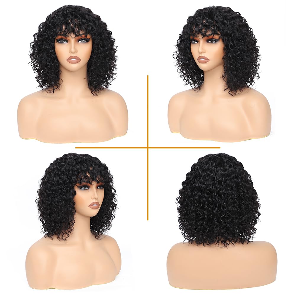 ALISFEEL Short Water Wave Human Hair Wig with Bangs Brazilian Non Lace Front Wig Human Hair for Black Women 150% Density Natural Black Glueless Curly Bob Wigs with Bangs (12 Inch)