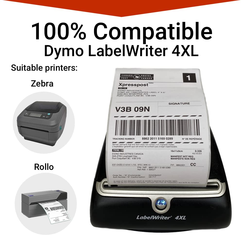 EIONO® - [10 Rolls/2200 Labels/ 220 Per Roll] Compatible with DYMO 1744907 4"x 6" Shipping Labels, White, Strong Permanent Adhesive & Perforated, Compatible with DYMO 4XL, Rollo, Zebra Printers