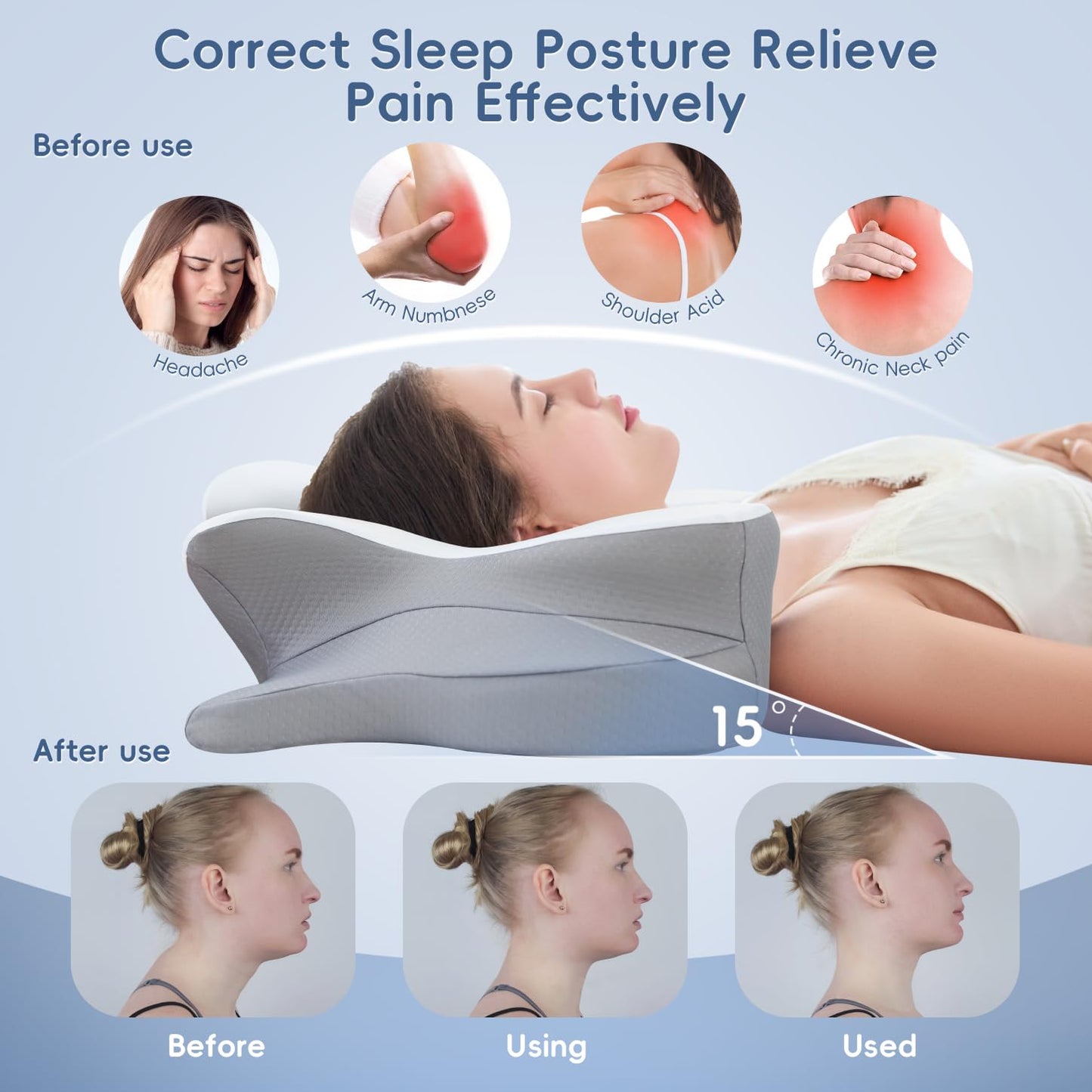 SNUGUP Ergonomic Cervical Neck Pillow, Memory Foam Neck Support Pillow with Contoured Design, Breathable Removable Pillowcase, for Side Back Stomach Sleepers, White
