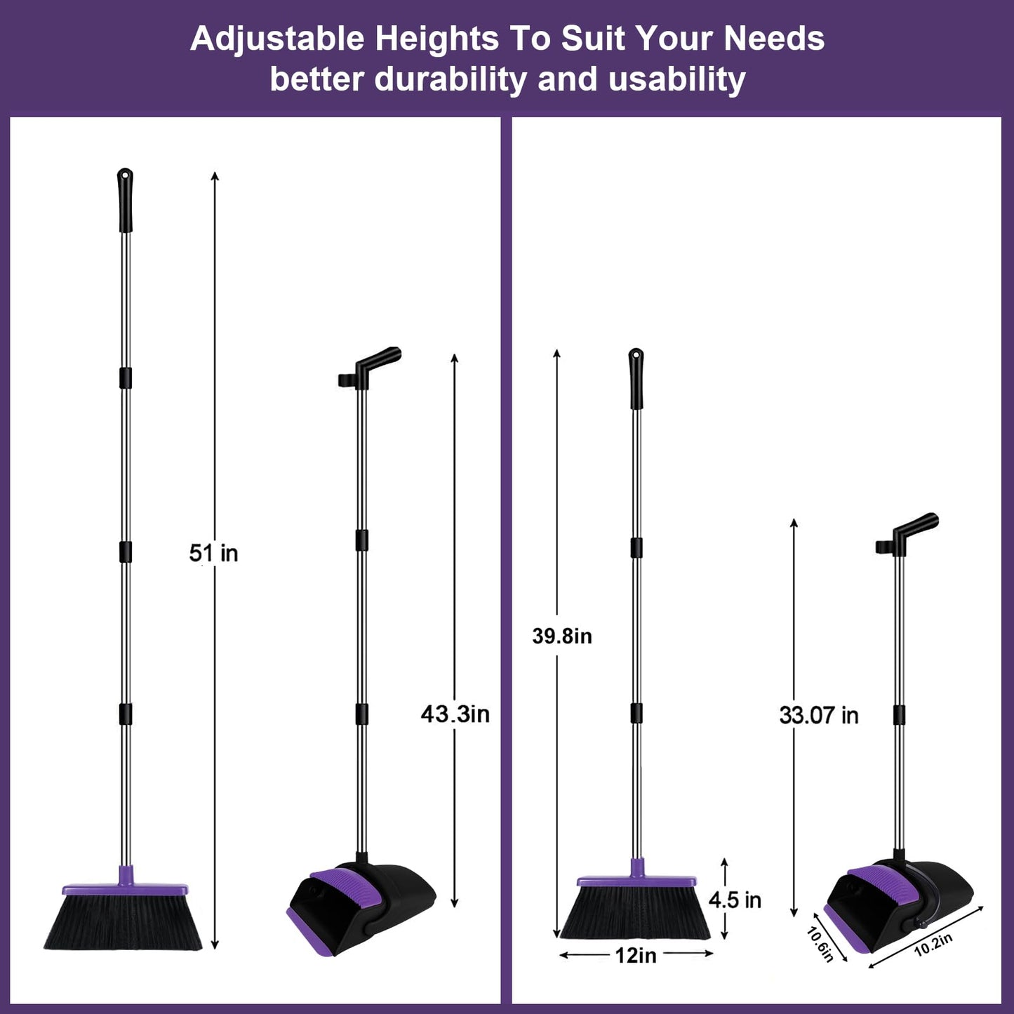 UDUK Broom with Dustpan Combo Set Upright, 51” Long Handle with Comb Teeth,Broom and Dustpan for Dog Cat Pets Home Kitchen Room Lobby Use, Normal, Purple