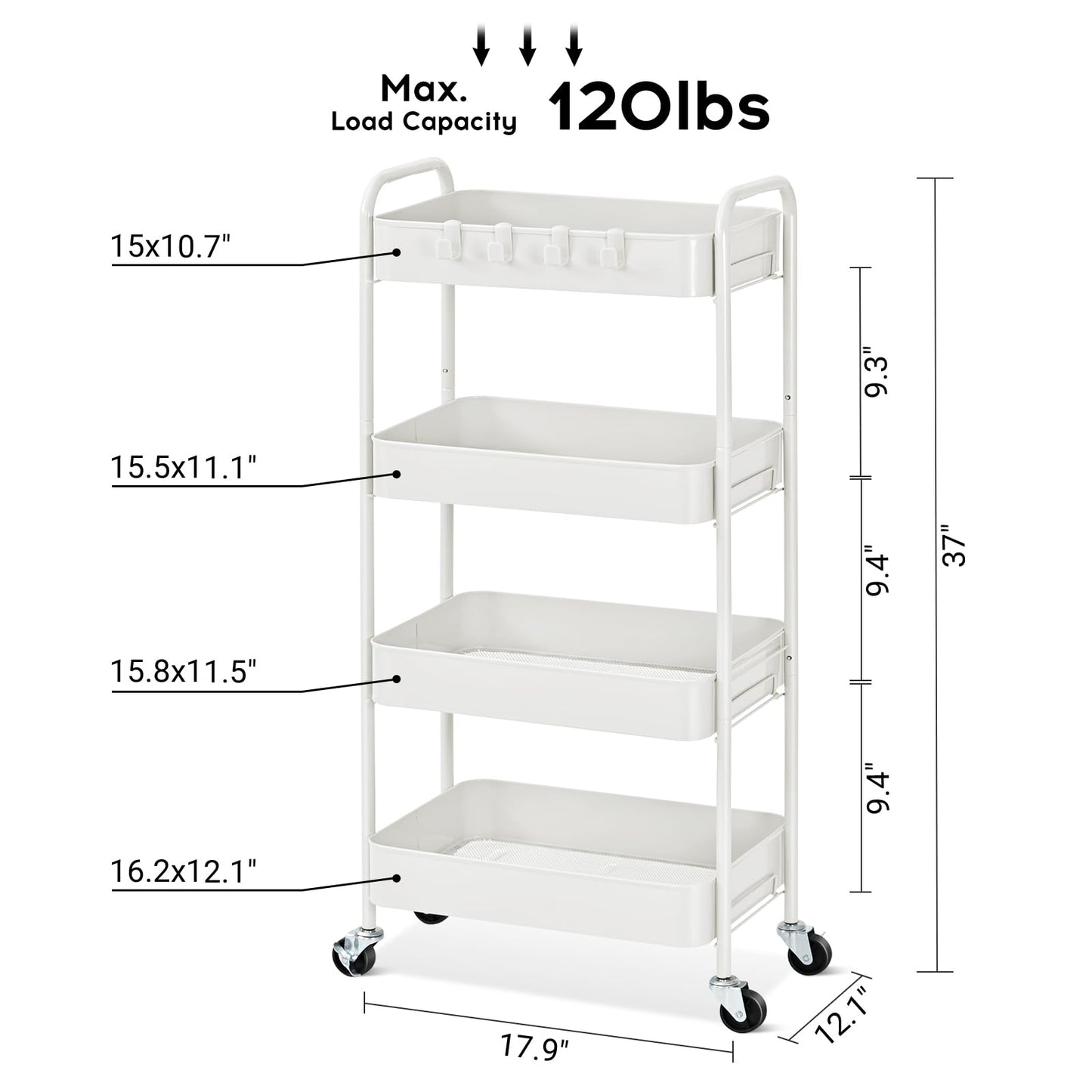 TOOLF 4-Tier Rolling Cart, Metal Utility Cart with Lockable Wheels, Storage Craft Organizer Serving Trolley Easy Assembly for Office, Bathroom, Kitchen, Kids' Room, Classroom, White