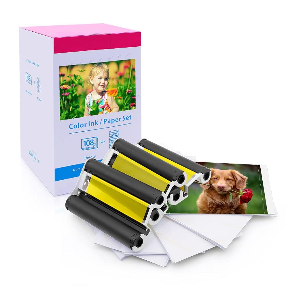 Compatible Canon Selphy CP1500 Paper and Ink KP-108IN KP108 3 Color Ink Cartridges and 108 Sheets 4 x 6 inch Paper Glossy for Canon Selphy CP1500, CP1300, CP1200, CP1000 Photo Printers