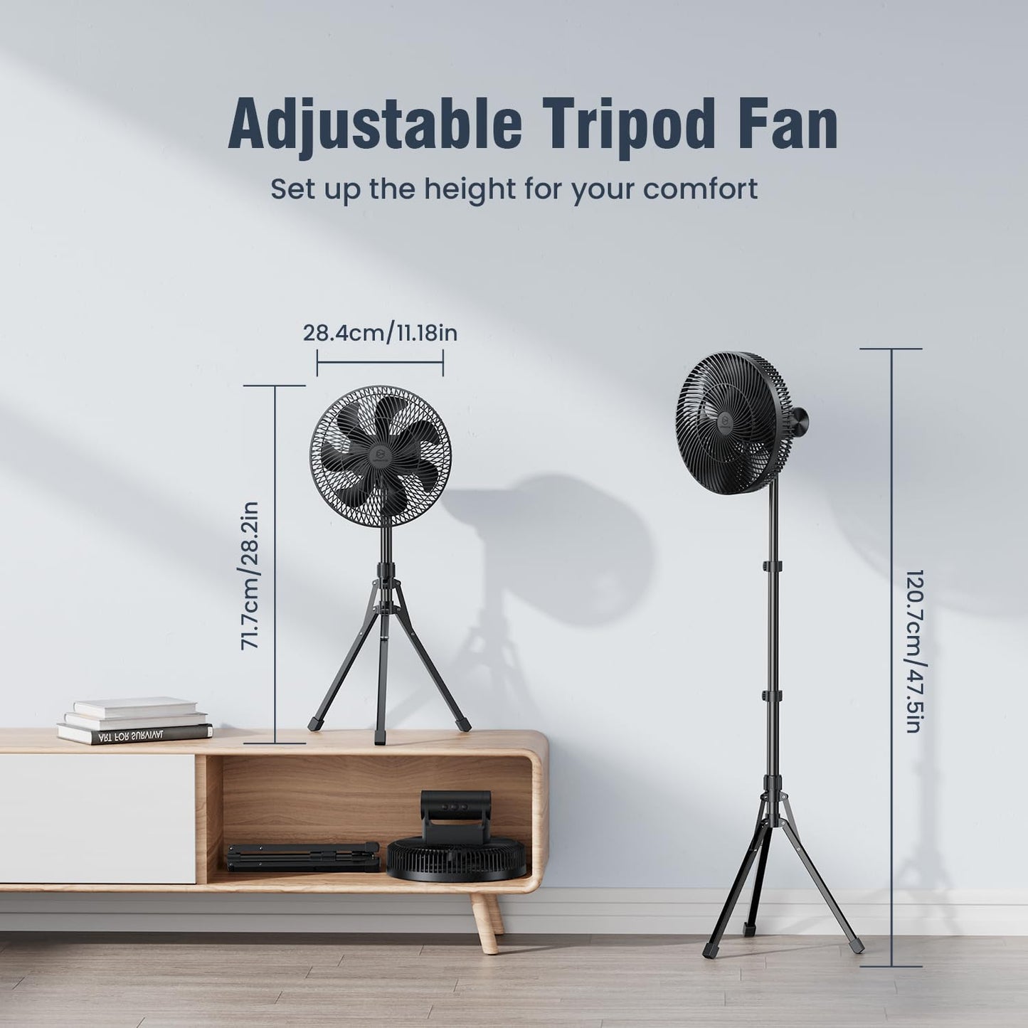 12” Portable Fan 16000mAh Battery Operated Rechargeable, Oscillating Pedestal Stand Fan, Adjustable Height, Remote Control, 4 Seeds, Timer, Cordless Fan for Travel Camping Bedroom