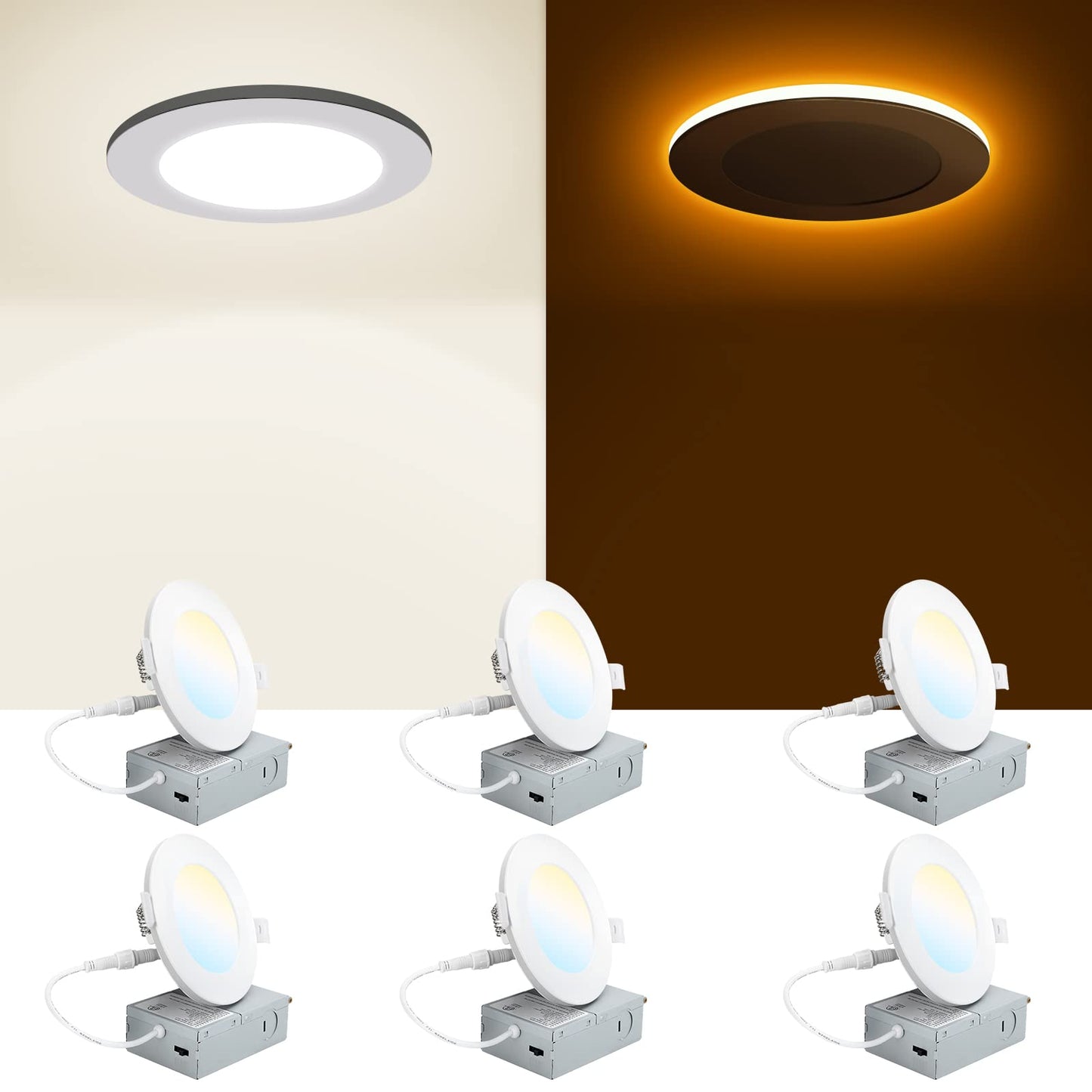 INCARLED 4Inch 5CCT LED Recessed Slim Pot Lights with Night Light, 2700K/3000K/3500K/4000K/5000K Dimmable IC Rated Recessed Lighting with Junction Box 6Pack 9W 750LM
