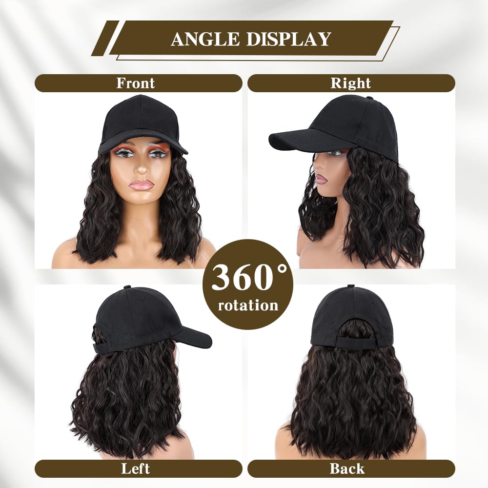 CHRSHN Hat Wig for Women, Short Wavy Baseball Cap Wig with Curly Synthetic Hair Extensions, Adjustable Black Brown Baseball Hat Wig
