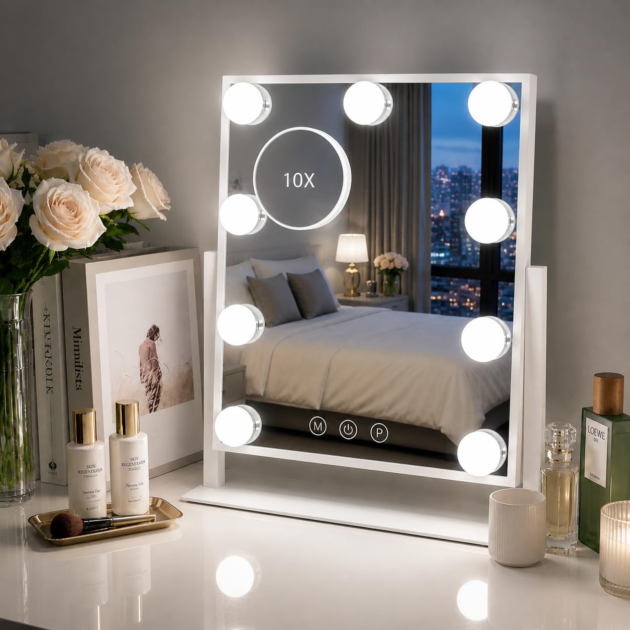 Sucedey Makeup Mirror with Lights, 14x12 '' Lighted Vanity Mirror with 9 Bulbs, 3 Color Mode and Dimming, Touch Control, Detachable 10X Zoom Mirror, 360° Rotation, Sleek Metal Frame -White