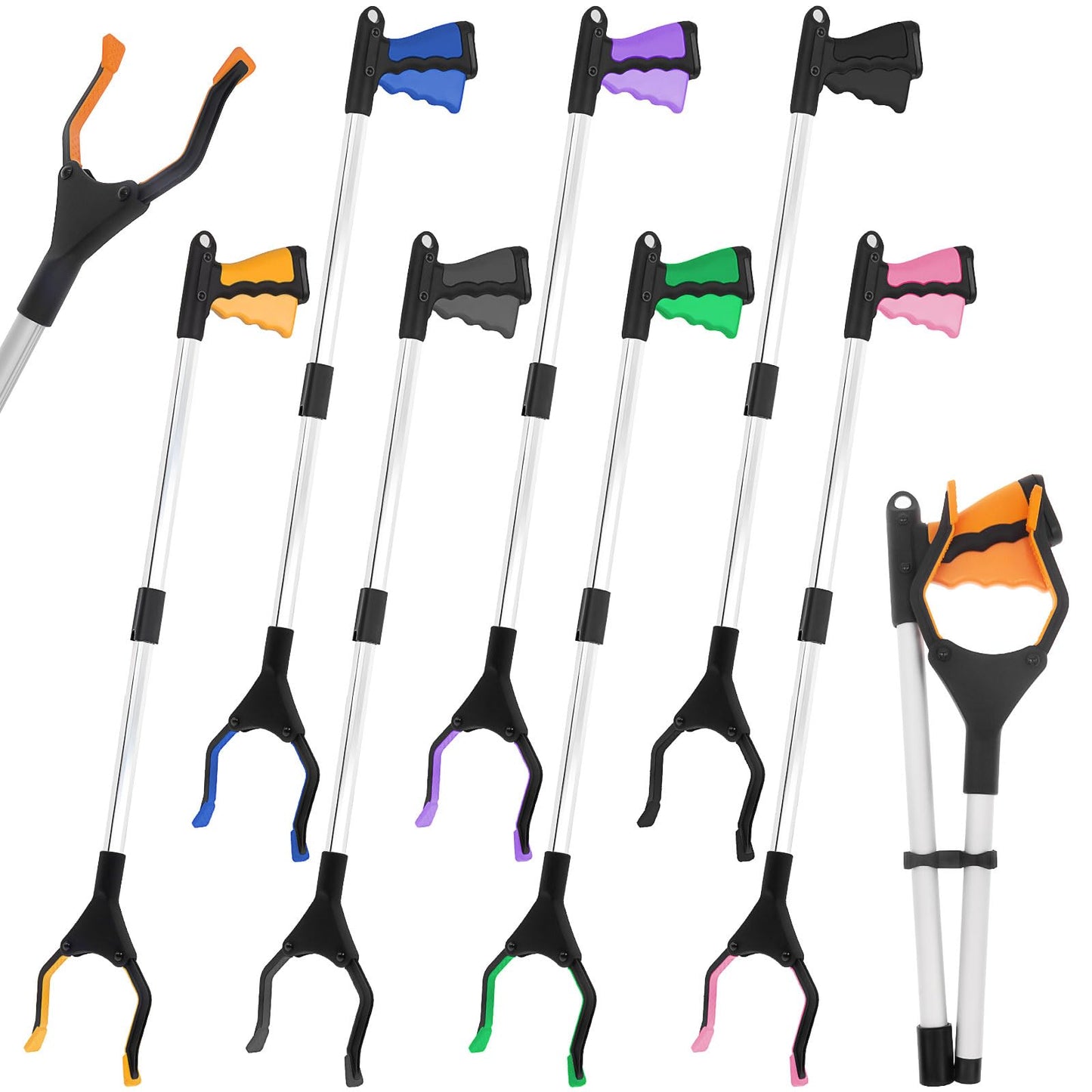 8 Pack Trash Grabber Reacher Tool for Elderly, 32" Foldable Pick Up Stick Grabber Long Handy Mobility Aids Lightweight Reaching Tool for Trash Pick Up, Litter Claw Picker, Arm Extension, 8 Color