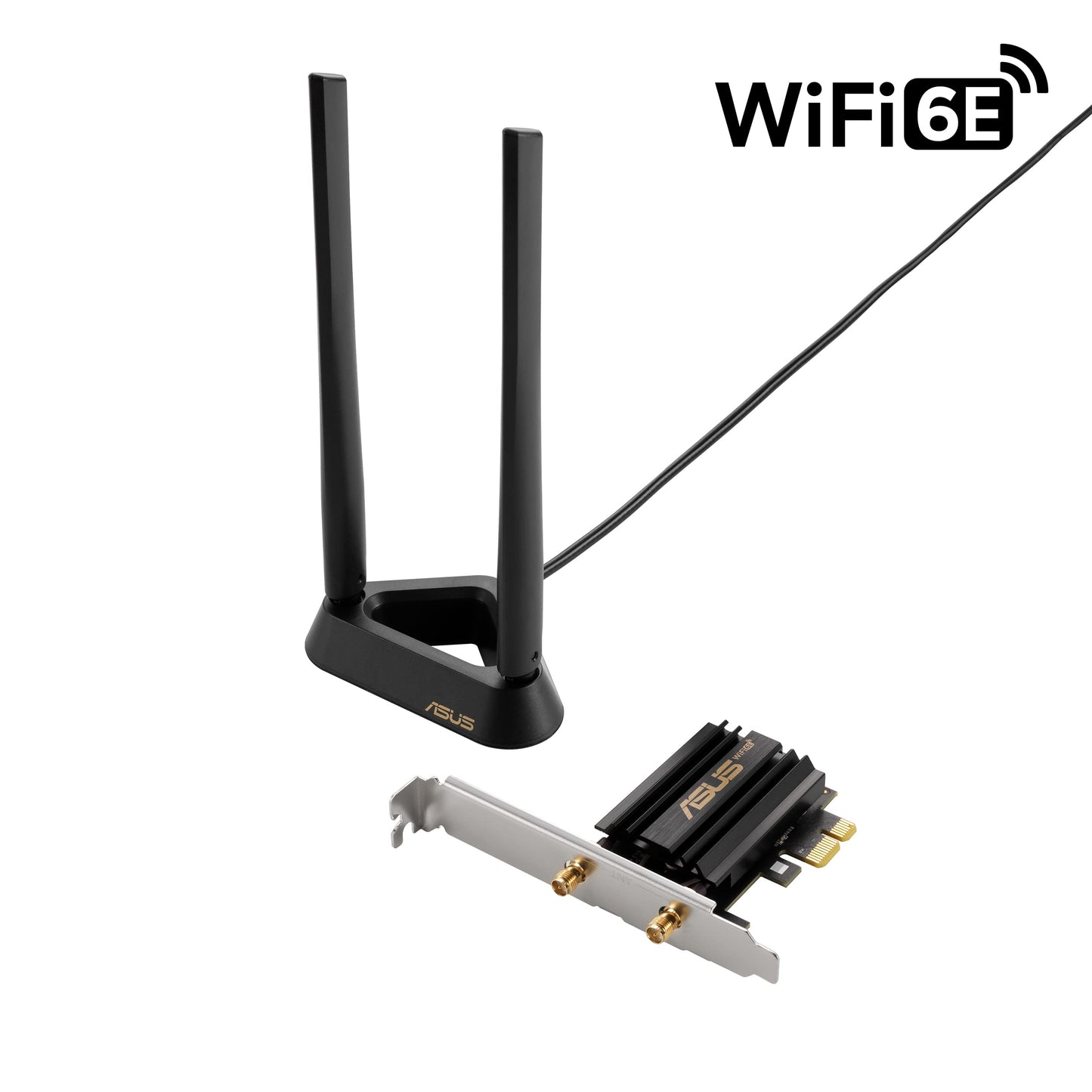 ASUS PCE-AXE59BT WiFi6 6E AX5400 PCI-E Adapter with 2 External Antennas and magnetized Base. Supporting 6GHz Band, 160MHz, Bluetooth 5.2, WPA3 Network Security, OFDMA and MU-MIMO