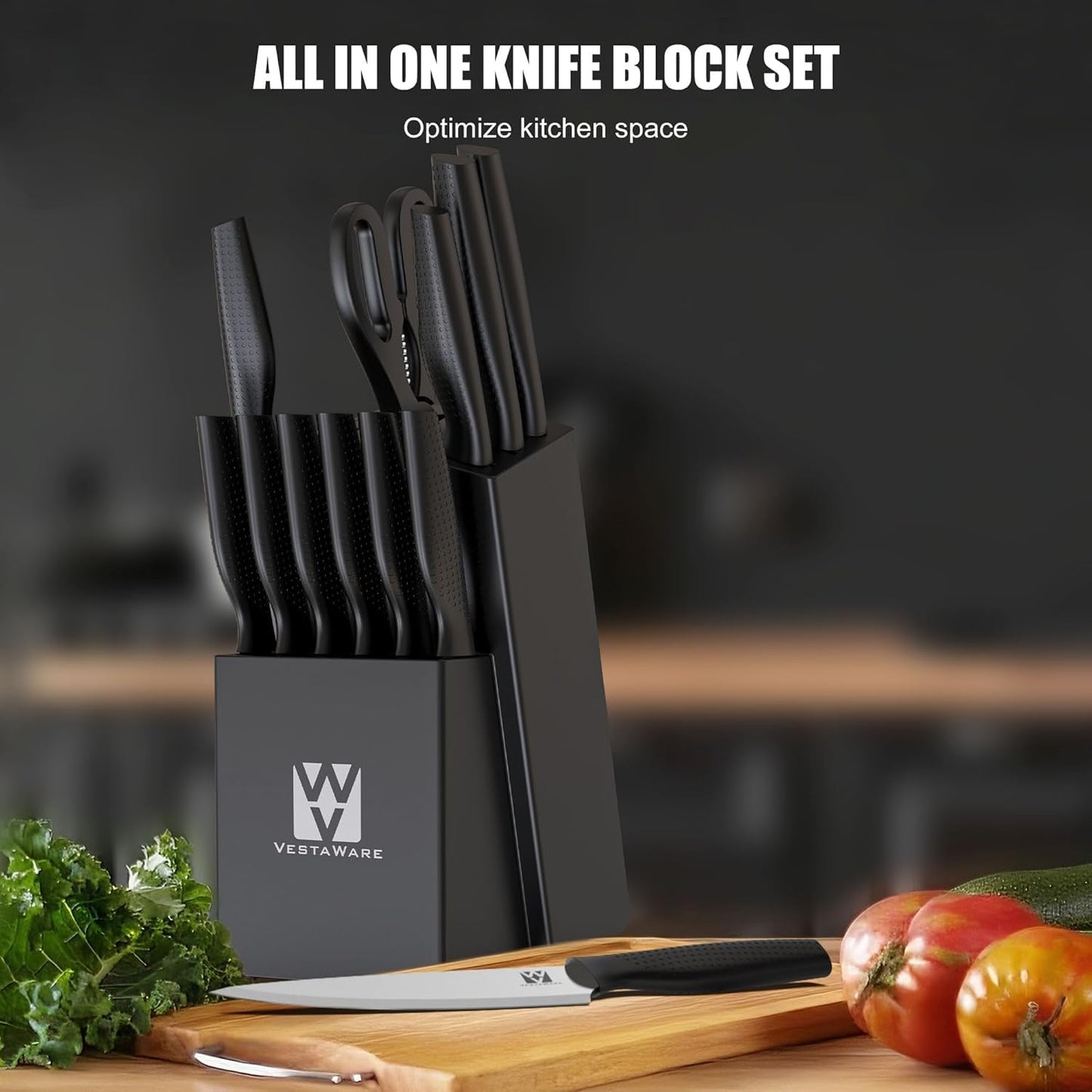 Vestaware Knife Set with Block, 14 PCS Sharp Kitchen Knife Set, Japanese Stainless Steel Kitchen Knife Set with Non-Slip Ergonomic Handle, Dishwasher Safe, Ideal Home Cooking Gift for Mom