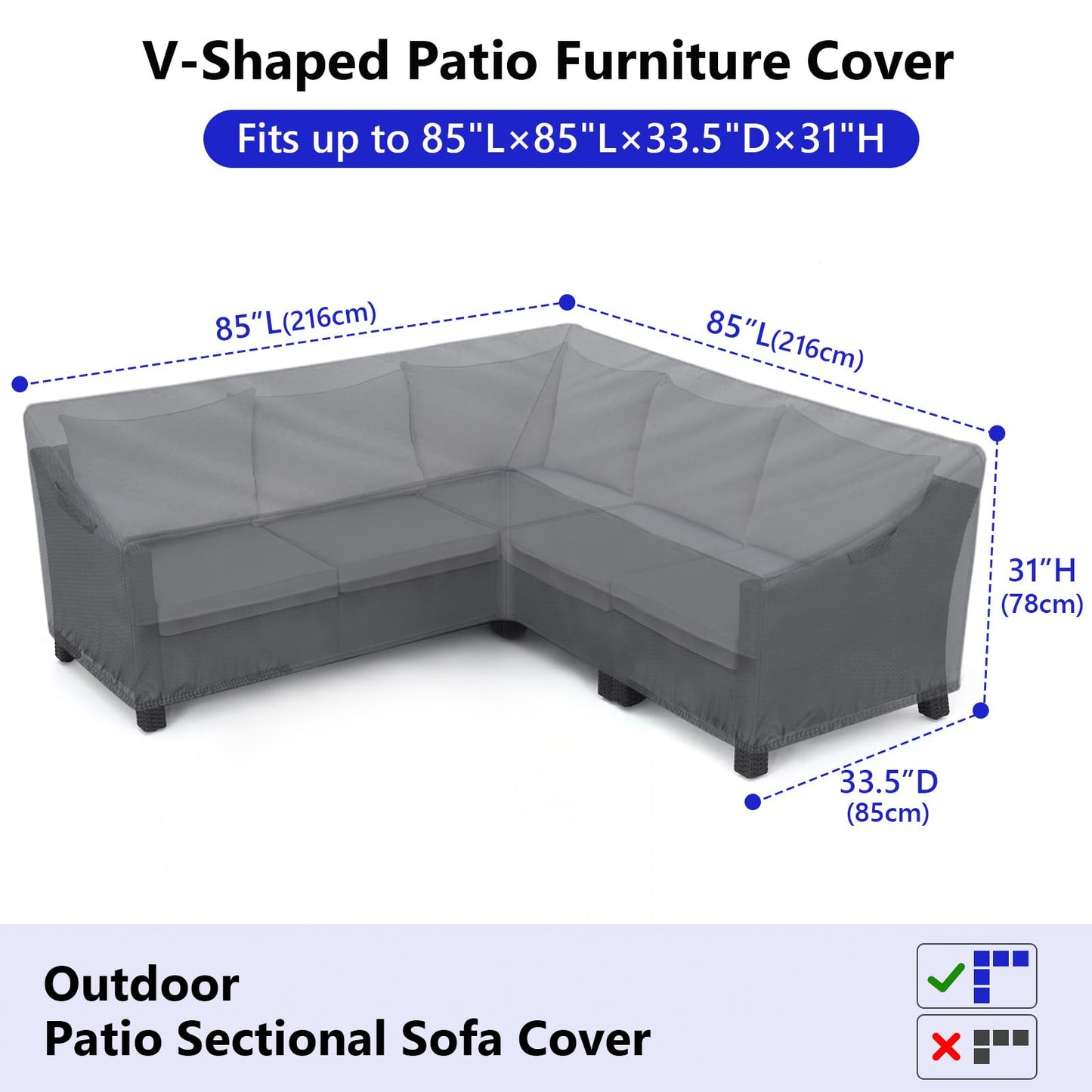 STARTWO Outdoor Sectional Sofa Cover Waterproof 85" Lx85 L V-Shaped Patio Furniture Covers for 5-Seater Sectional Couch,Windproof with Buckles,Grey