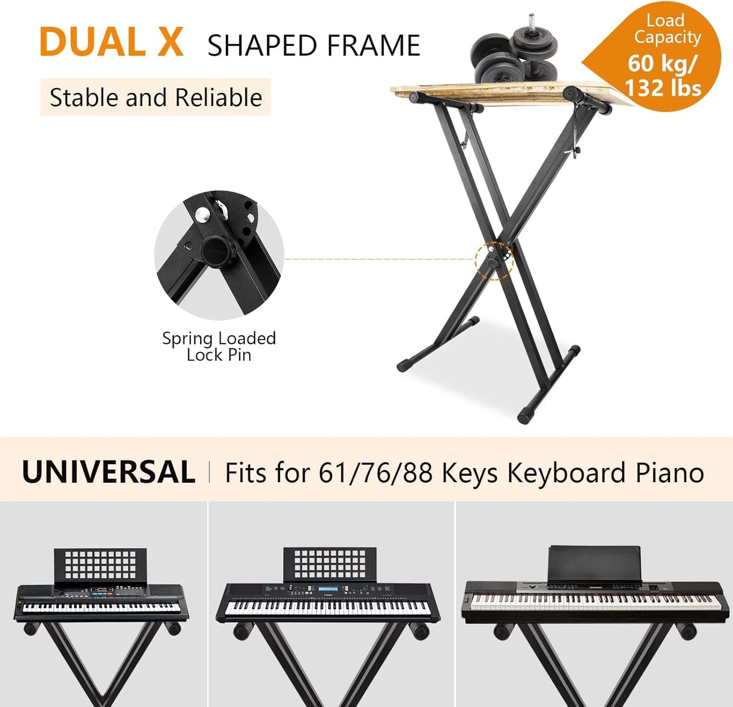Duramex (TM) Heavy Duty, Double X, Height Adjustable Piano Keyboard Stand with Locking Straps, Piano Bench Stool 3-Position Height Adjustment Folding Padded Keyboard Bench Stand and Bench Combo