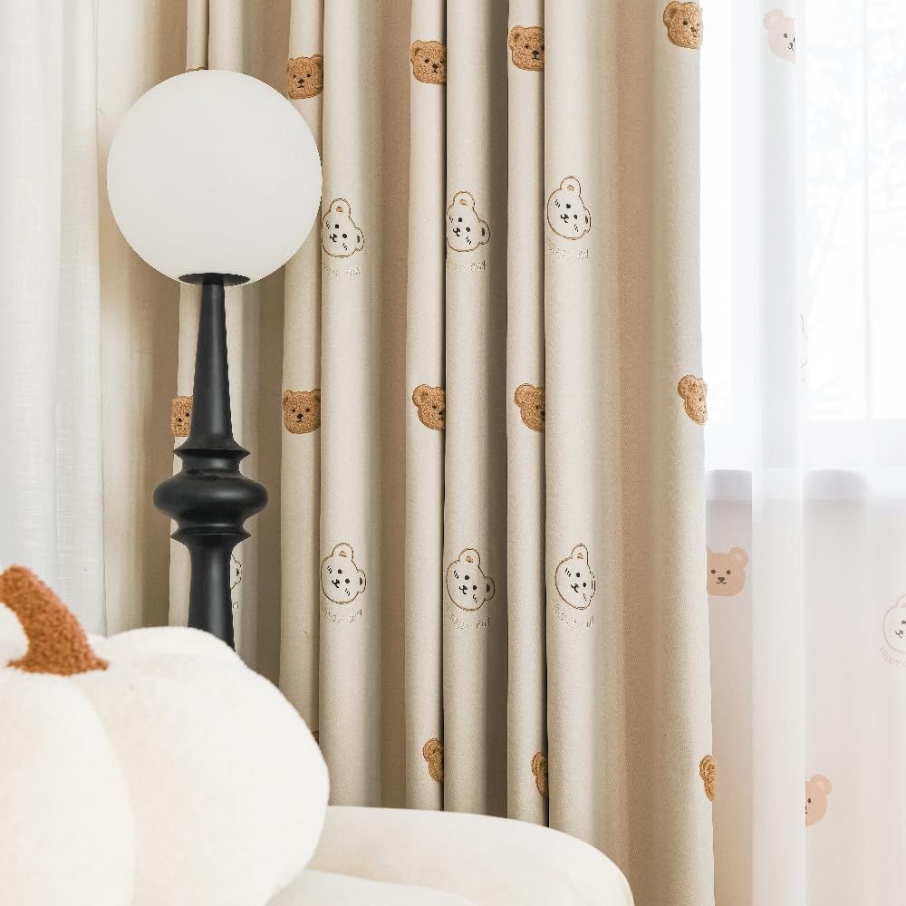 AiFMQQ Cartoon Bears Kids Blackout Curtains for Babys Bedoom Living Room Grommet Top Beige Embroidery 3D Bear Darkening Curtain for Nursery Baby Room 1 Panel (Beige, W42 L84 inch)