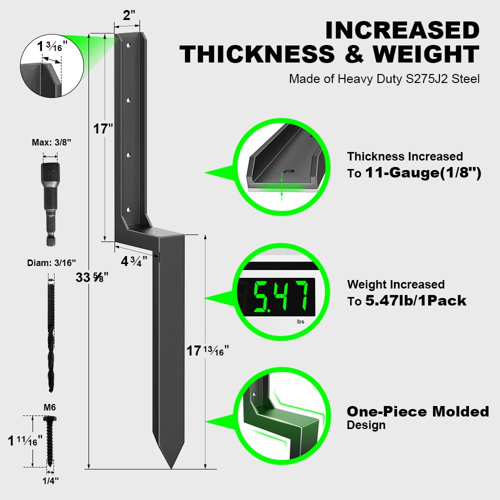 ARKSOLDIER Fence Post Repair Kit - Thickened 11-Gauge Steel Anchor & Stakes to Fix Broken/Leaning 4x4/6x6 Wood Posts Support (Heavier at 5.47 lbs, 1-Pack)
