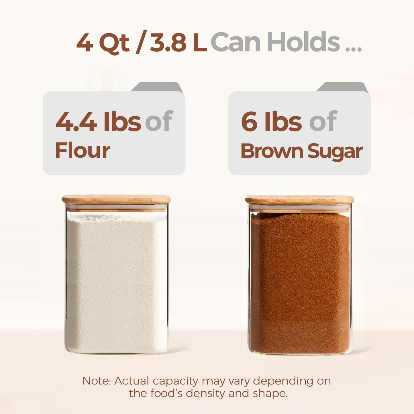 ComSaf 4 Qt Glass Food Storage Containers Set of 2, Large Storage Containers with Lids, Square Glass Jars with Lids, for Flour and Sugar, Cereal, Rice, Pasta, Oats, Coffee Beans