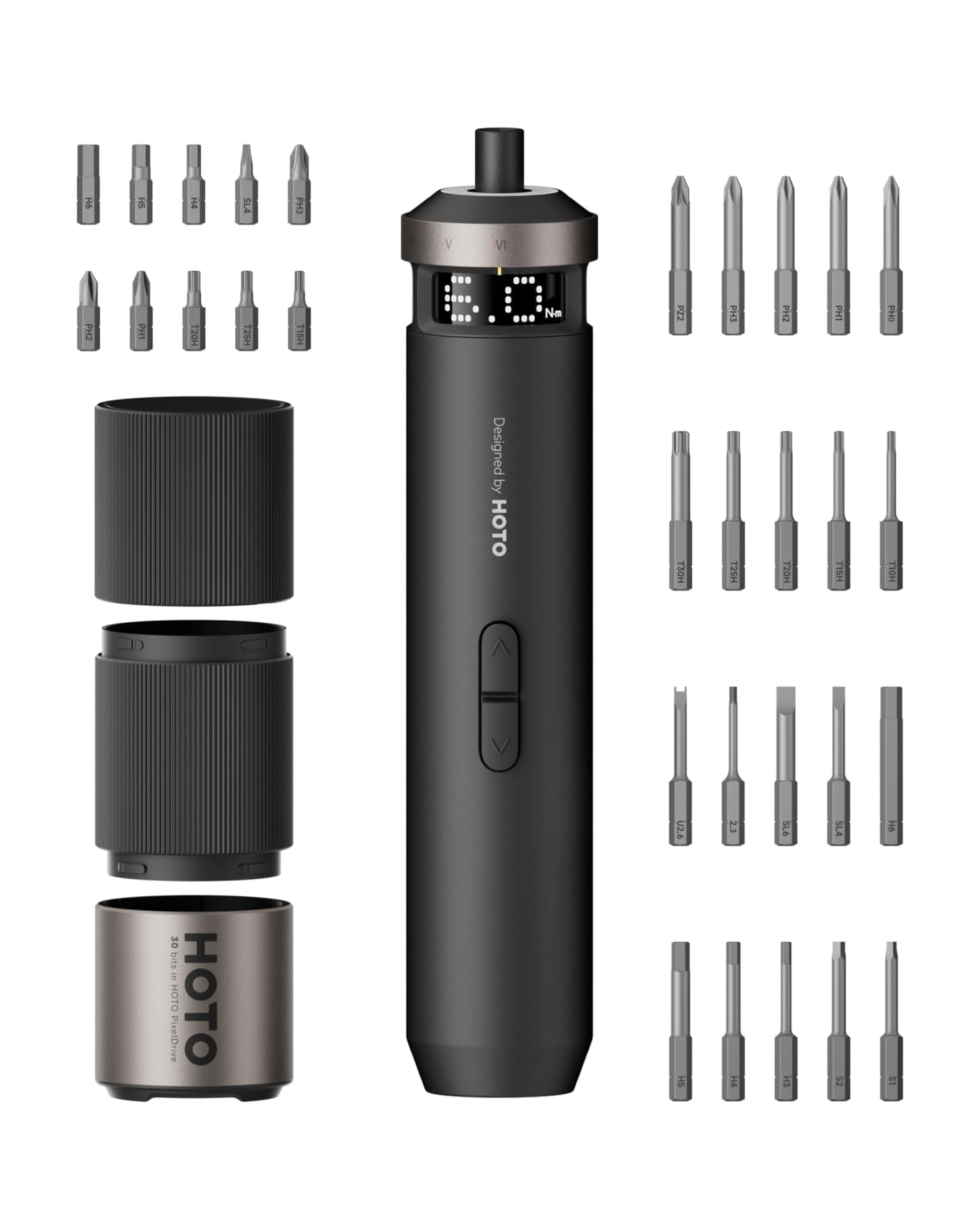 HOTO PixelDrive Electric Screwdriver, Smart Display, 6 Torque Settings, 0.5 to 6 N·m, 1/4'' Hex 30 Bits, LED Light, 2000 mAh Rechargeable Cordless Screwdriver Set for Gadget Tweaks, Home Repairs